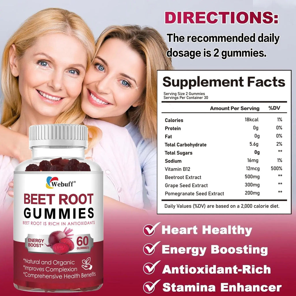 Webuff Beet Root Gummies - Nitric Oxide Booster with Organic Beet, Pomegranate & Grape Seed, Vitamin B12 - Energy, Circulation & Heart Health Support, Vegan, Non-GMO, 60 Count (Pack of 1) - TrustMedUSA