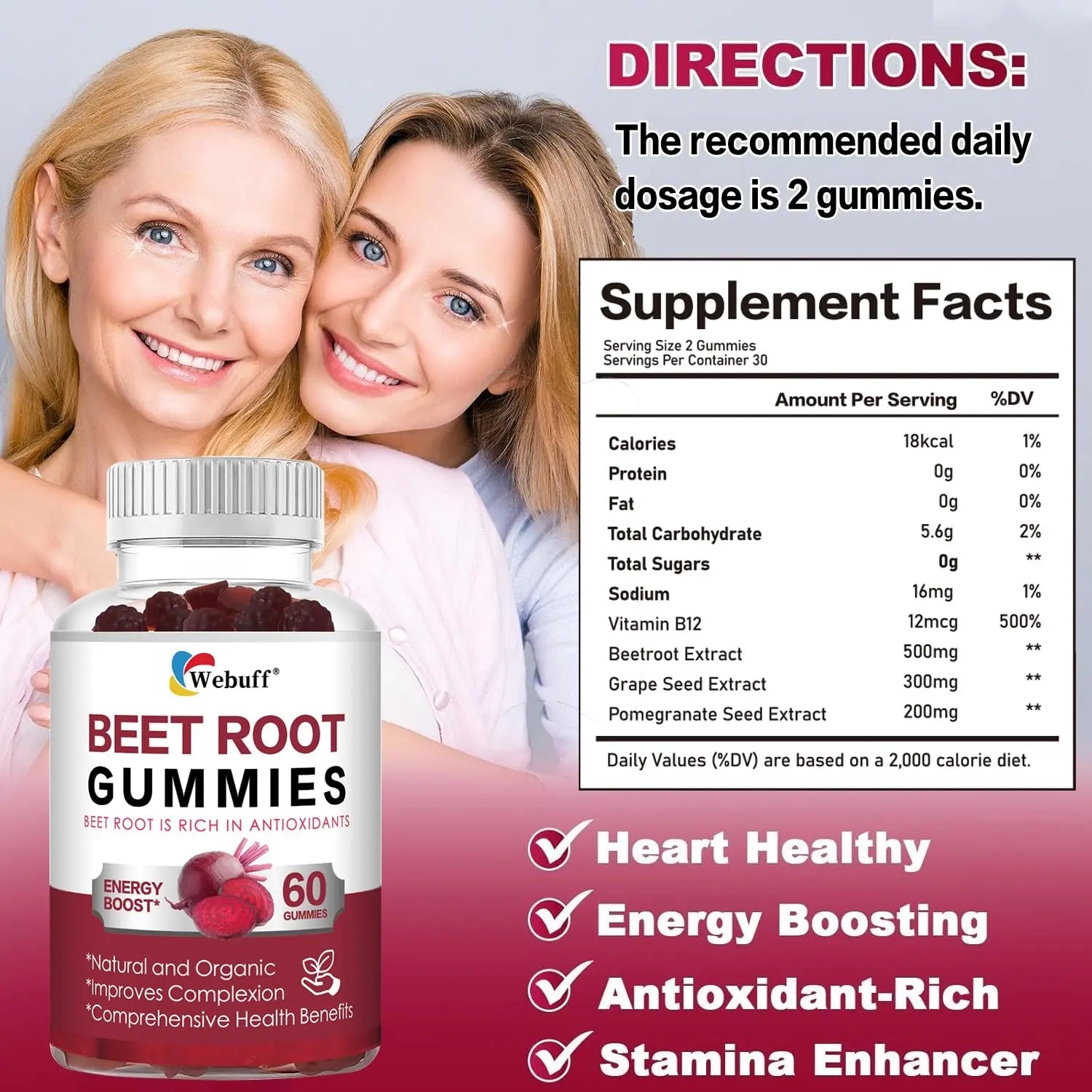 Webuff Beet Root Gummies - Nitric Oxide Booster with Organic Beet, Pomegranate & Grape Seed, Vitamin B12 - Energy, Circulation & Heart Health Support, Vegan, Non-GMO, 60 Count (Pack of 1) - TrustMedUSA