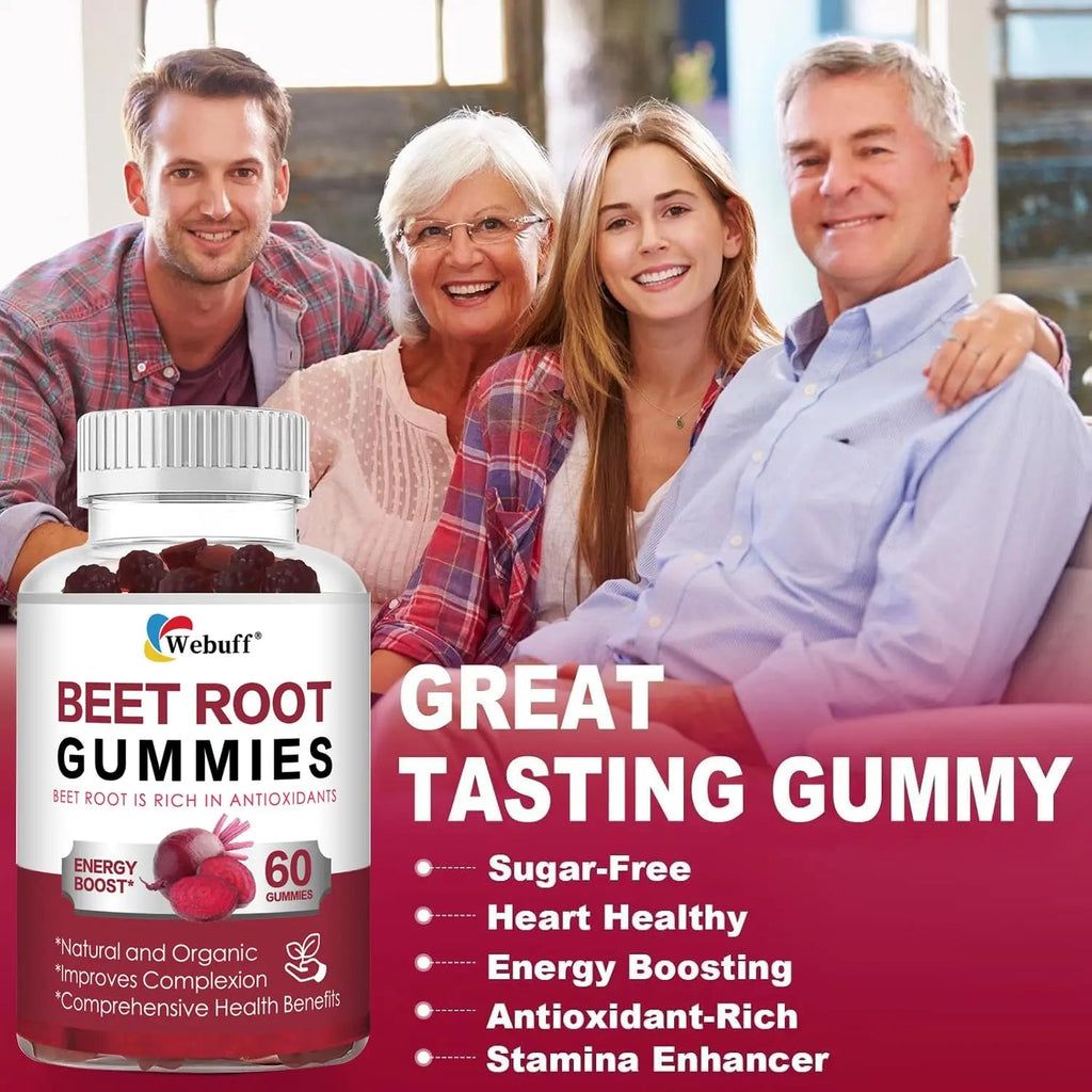 Webuff Beet Root Gummies - Nitric Oxide Booster with Organic Beet, Pomegranate & Grape Seed, Vitamin B12 - Energy, Circulation & Heart Health Support, Vegan, Non-GMO, 60 Count (Pack of 1) - TrustMedUSA