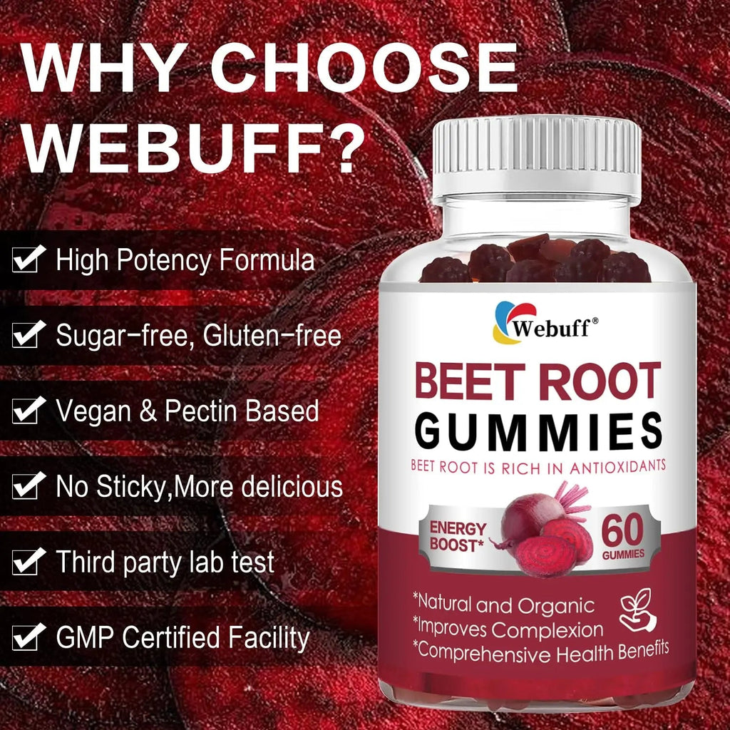 Webuff Beet Root Gummies - Nitric Oxide Booster with Organic Beet, Pomegranate & Grape Seed, Vitamin B12 - Energy, Circulation & Heart Health Support, Vegan, Non-GMO, 60 Count (Pack of 1) - TrustMedUSA