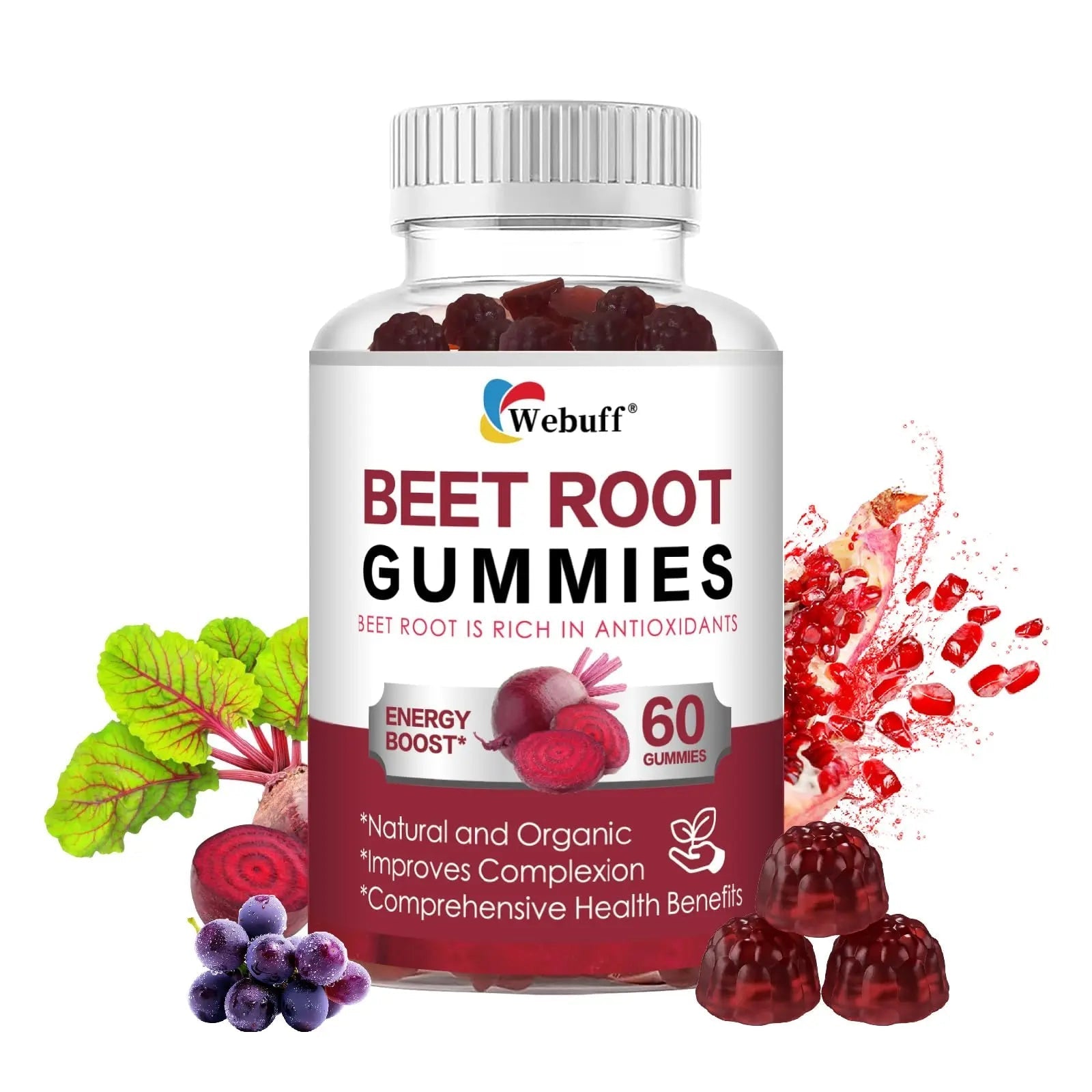 Webuff Beet Root Gummies - Nitric Oxide Booster with Organic Beet, Pomegranate & Grape Seed, Vitamin B12 - Energy, Circulation & Heart Health Support, Vegan, Non-GMO, 60 Count (Pack of 1) - TrustMedUSA