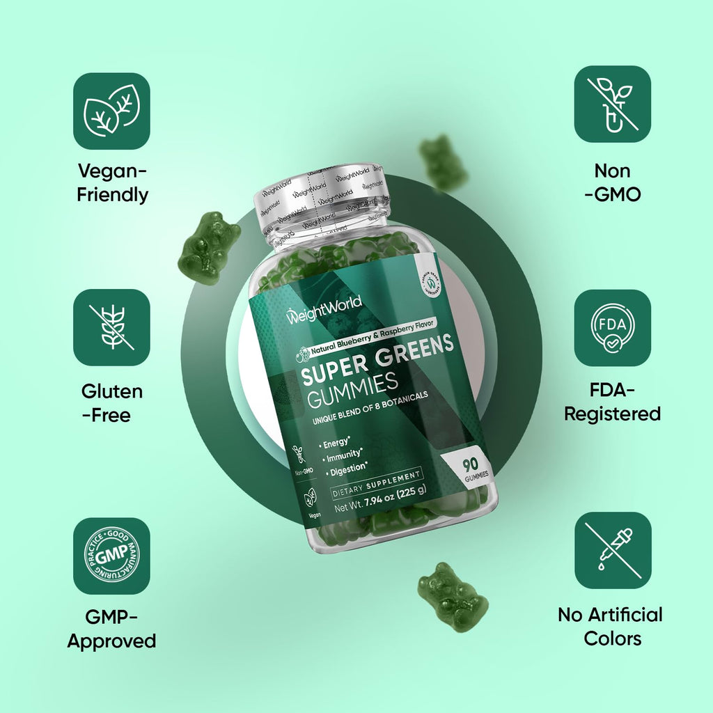 WeightWorld Super Greens Gummies - Energy, Immunity & Digestion - 45-Day Supply - Vegan Daily Greens Supplements (Moringa, Broccoli, Spinach) - Added Vitamins & Minerals - 90 Superfood Gummies - TrustMedUSA