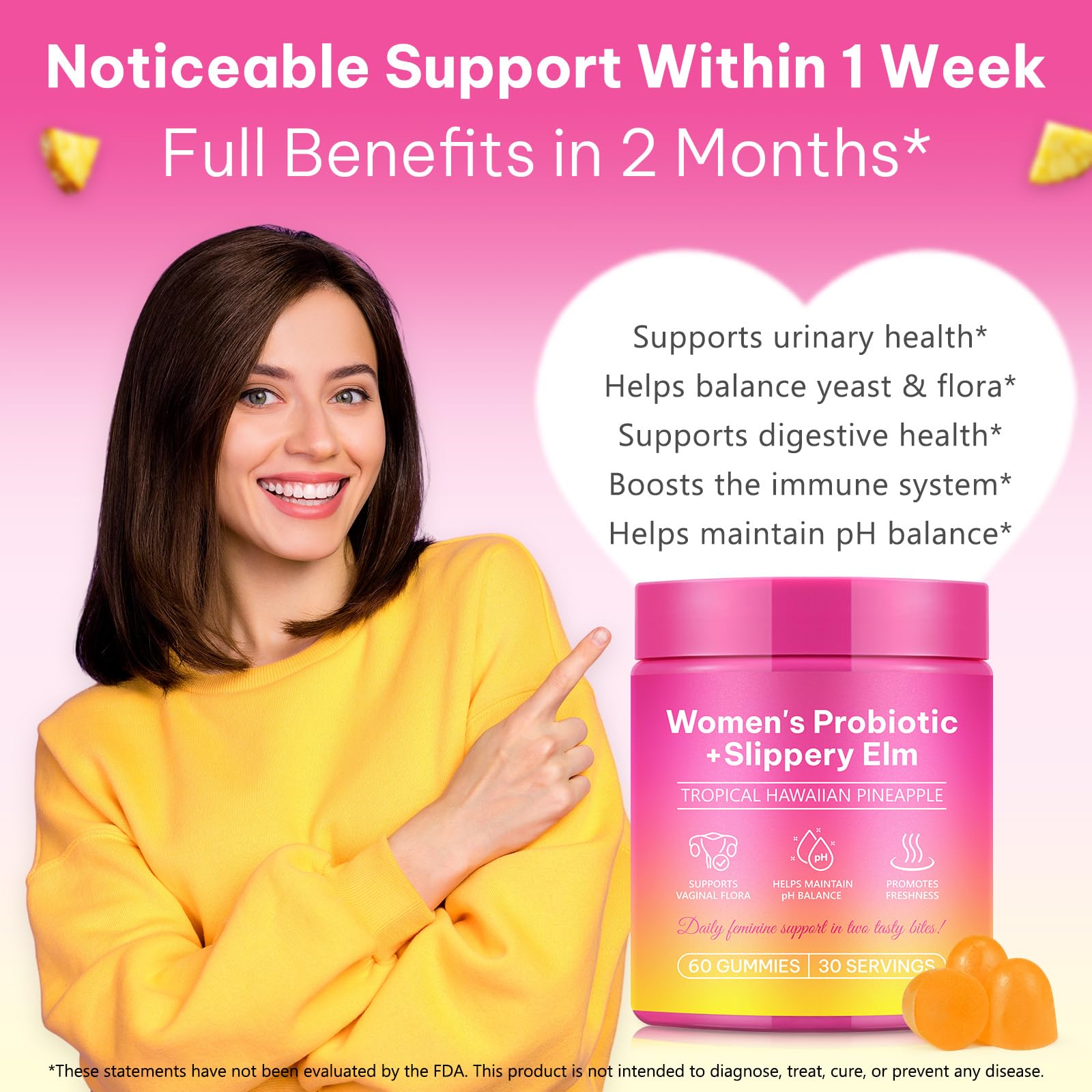 WeiWeiLa Feminine Probiotics Gummies for Women Probiotic Gummies with Slippery Elm | Natural Pineapple Flavor | Supports Feminine pH Balance & Comfort | 60 Vegan Gummie for Daily Wellness - TrustMedUSA