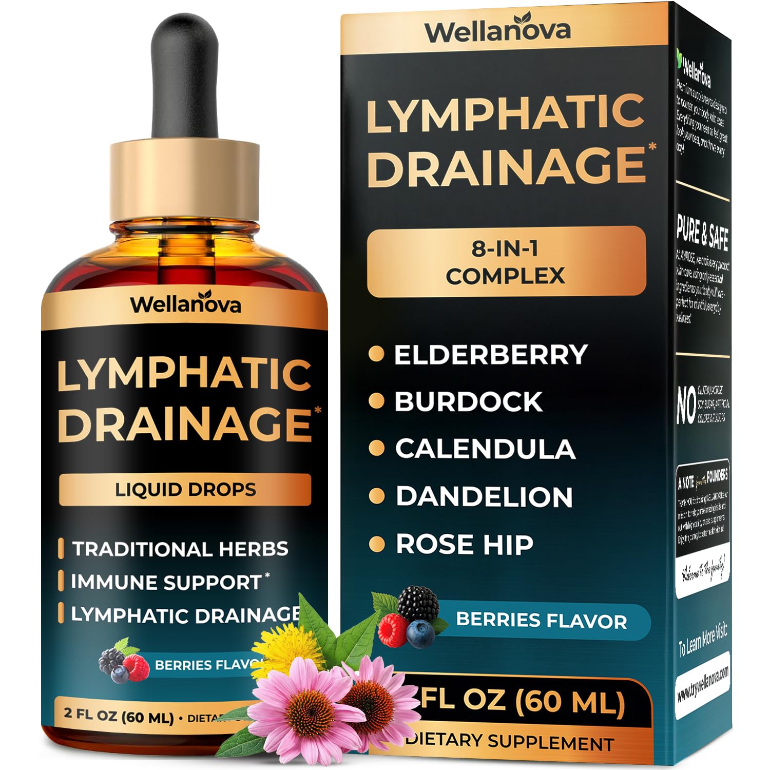 Wellanova Lymphatic Drainage Supplement - Organic Liquid Drops for Lymphatic Support & Detox - 8-in-1 Herbal Blend - Lymphatic Cleanse Complex with Burdock, Dandelion, Elderberry - 2 fl oz - Maple Wellness Supplements