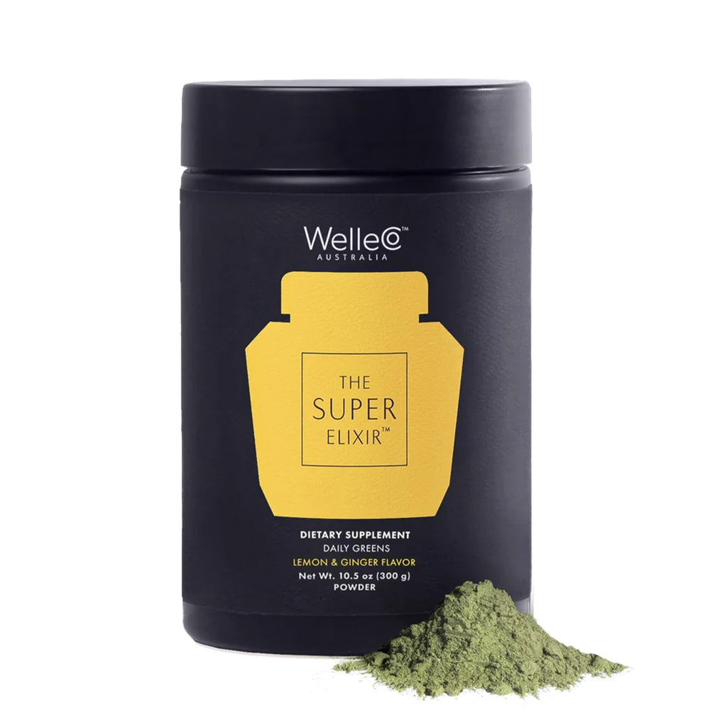 WelleCo The Super Elixir Daily Greens Powder, Probiotic Drink Mix with Whole Foods, Gluten Free, Vegan Gut Health Powder, Energy, Immunity, Healthy Skin, Hair & Nails (300g, Lemon Ginger) - TrustMedUSA
