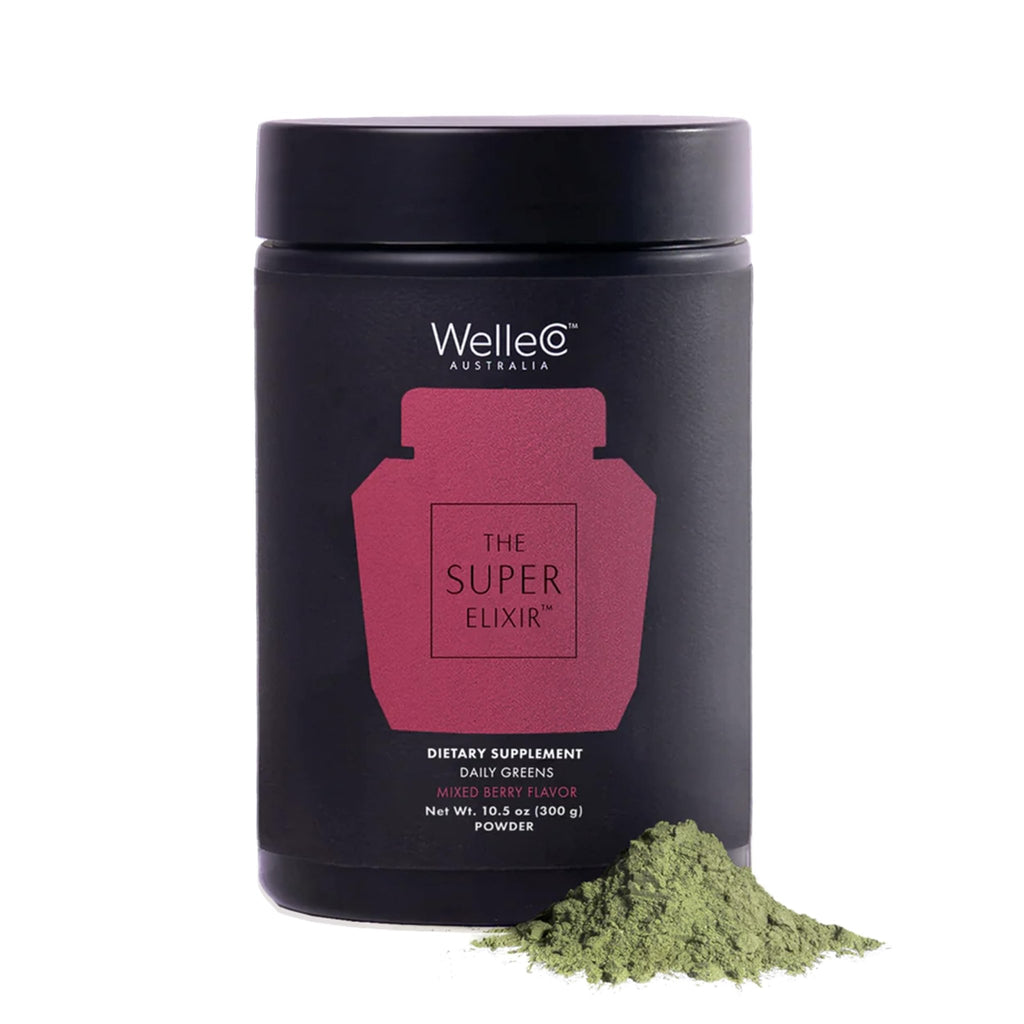 WelleCo The Super Elixir Daily Greens Powder, Probiotic Drink Mix with Whole Foods, Gluten Free, Vegan Gut Health Powder, Energy, Immunity, Healthy Skin, Hair & Nails (300g, Mixed Berry) - TrustMedUSA