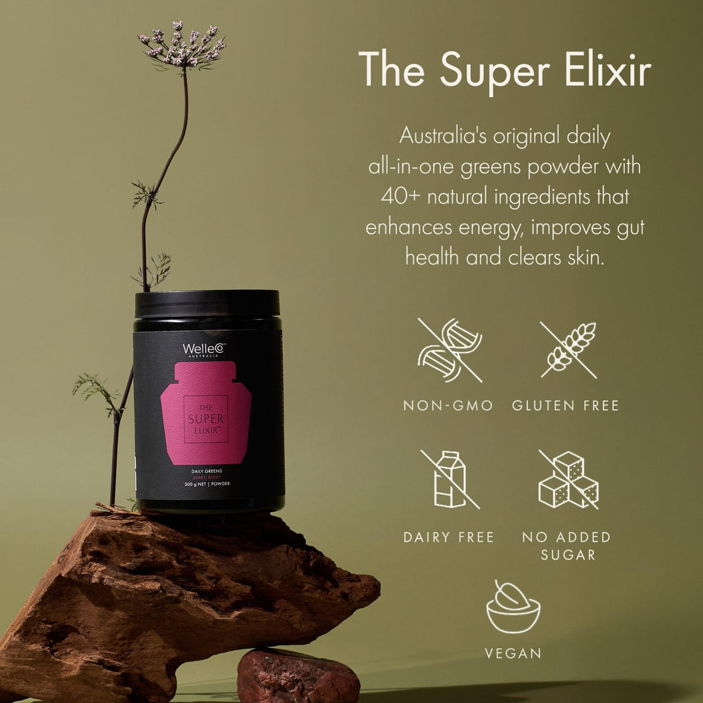 WelleCo The Super Elixir Daily Greens Powder, Probiotic Drink Mix with Whole Foods, Gluten Free, Vegan Gut Health Powder, Energy, Immunity, Healthy Skin, Hair & Nails (300g, Mixed Berry) - TrustMedUSA