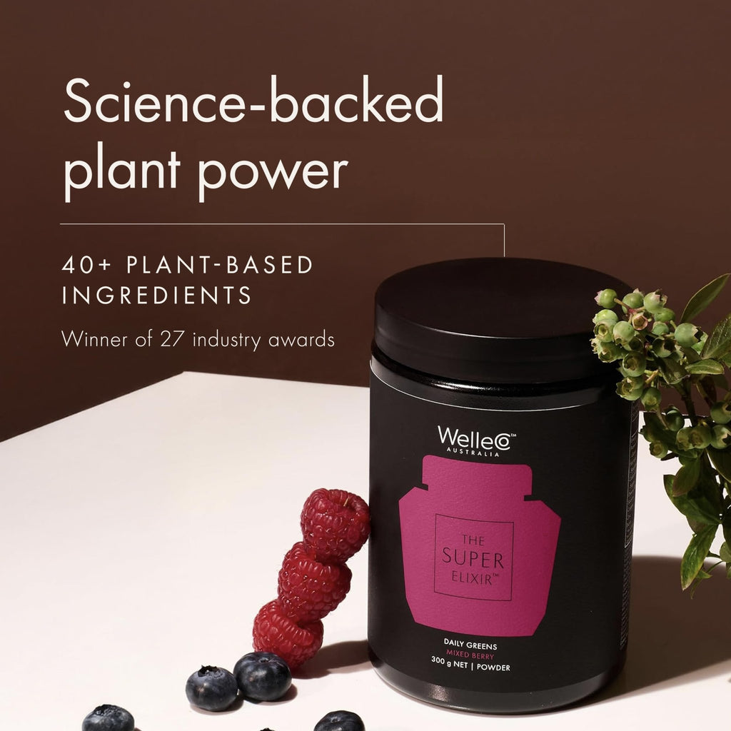 WelleCo The Super Elixir Daily Greens Powder, Probiotic Drink Mix with Whole Foods, Gluten Free, Vegan Gut Health Powder, Energy, Immunity, Healthy Skin, Hair & Nails (300g, Mixed Berry) - TrustMedUSA