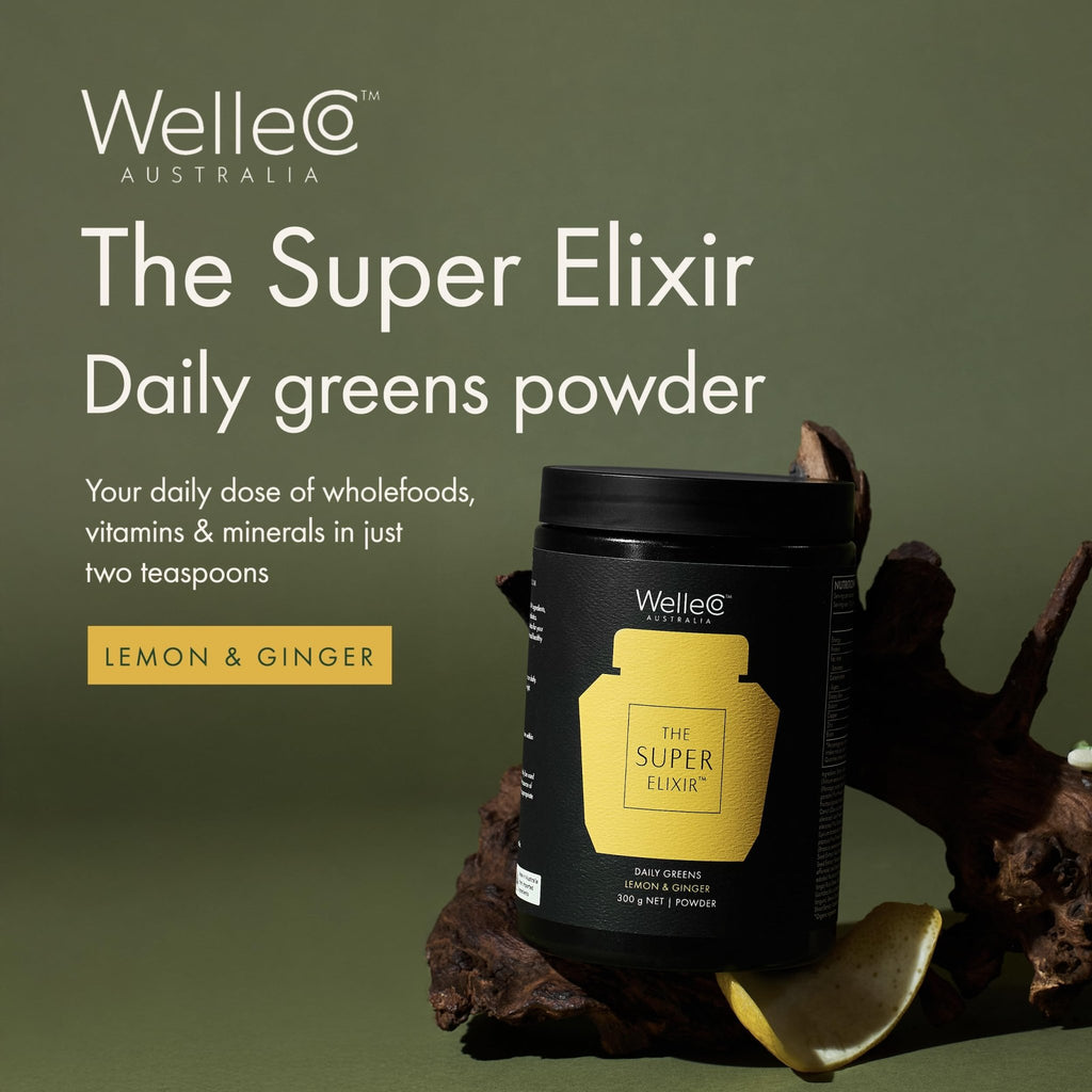 WelleCo The Super Elixir Daily Greens Powder, Probiotic Drink Mix with Whole Foods, Gluten Free, Vegan Gut Health Powder, Energy, Immunity, Healthy Skin, Hair & Nails (300g, Lemon Ginger) - TrustMedUSA