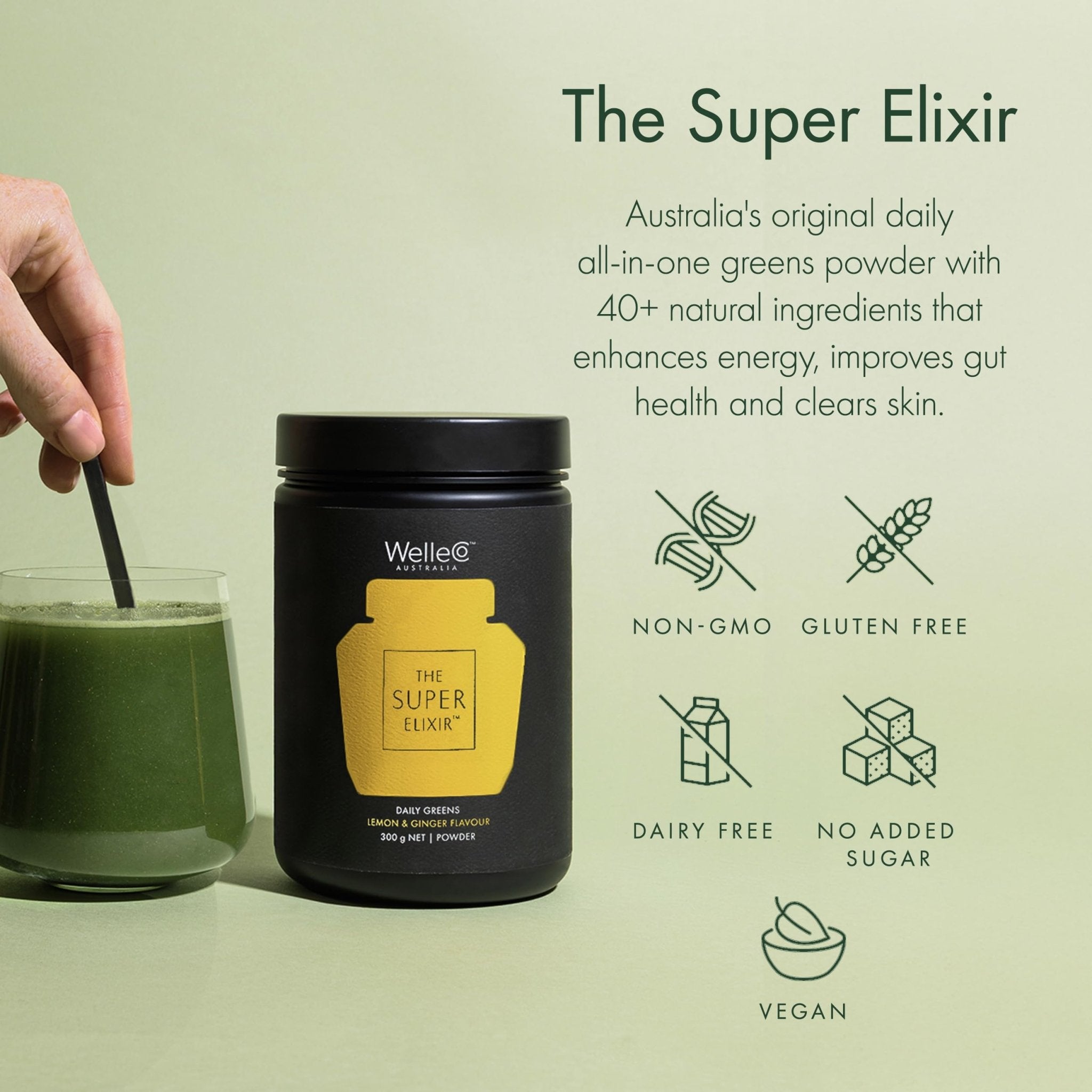 WelleCo The Super Elixir Daily Greens Powder, Probiotic Drink Mix with Whole Foods, Gluten Free, Vegan Gut Health Powder, Energy, Immunity, Healthy Skin, Hair & Nails (300g, Lemon Ginger) - TrustMedUSA