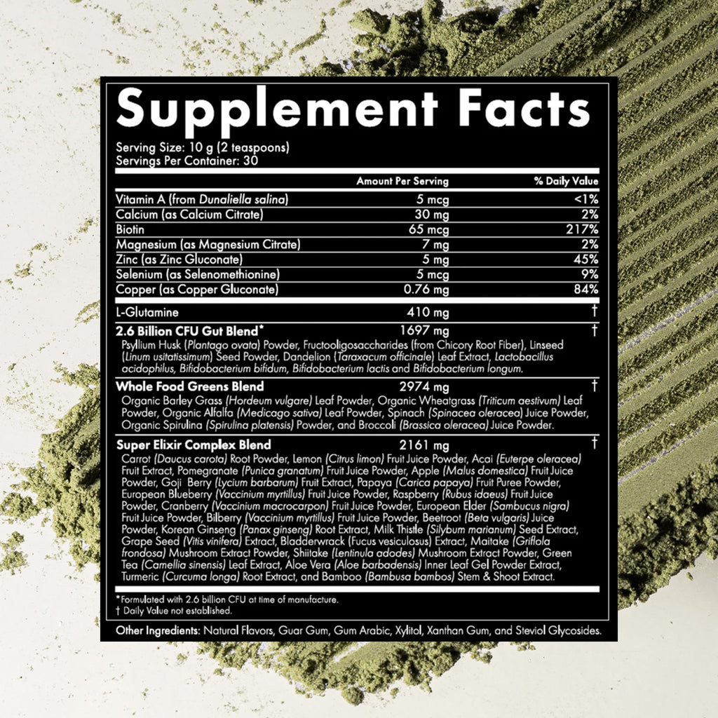 WelleCo The Super Elixir Daily Greens Powder, Probiotic Drink Mix with Whole Foods, Gluten Free, Vegan Gut Health Powder, Energy, Immunity, Healthy Skin, Hair & Nails (300g, Mixed Berry) - TrustMedUSA