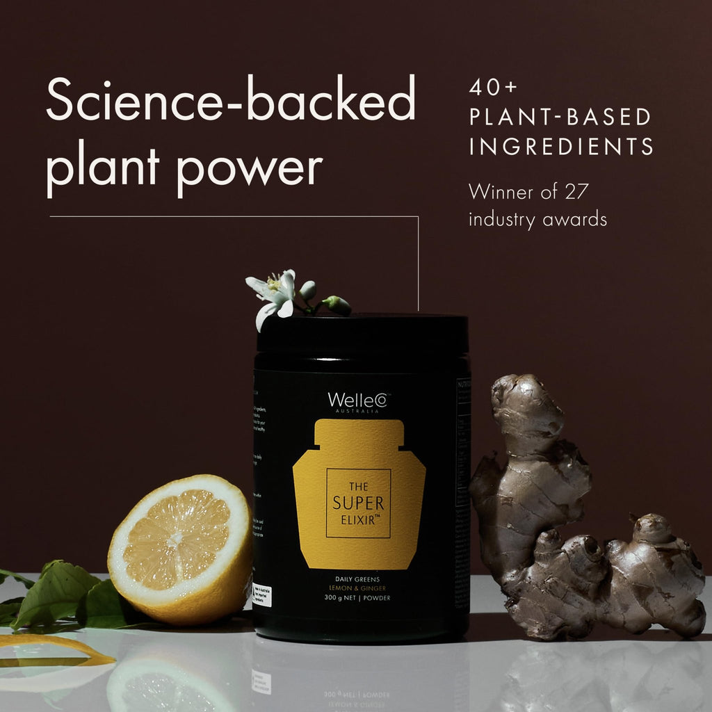 WelleCo The Super Elixir Daily Greens Powder, Probiotic Drink Mix with Whole Foods, Gluten Free, Vegan Gut Health Powder, Energy, Immunity, Healthy Skin, Hair & Nails (300g, Lemon Ginger) - TrustMedUSA