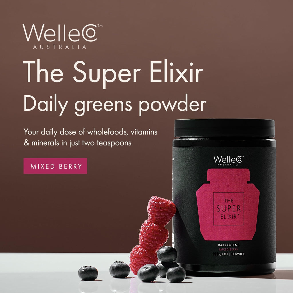WelleCo The Super Elixir Daily Greens Powder, Probiotic Drink Mix with Whole Foods, Gluten Free, Vegan Gut Health Powder, Energy, Immunity, Healthy Skin, Hair & Nails (300g, Mixed Berry) - TrustMedUSA