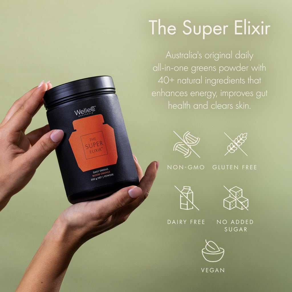 WelleCo The Super Elixir Daily Greens Powder, Probiotic Drink Mix with Whole Foods, Gluten Free, Vegan Gut Health Powder, Energy, Immunity, Healthy Skin, Hair & Nails (Jar, Blood Orange) - TrustMedUSA