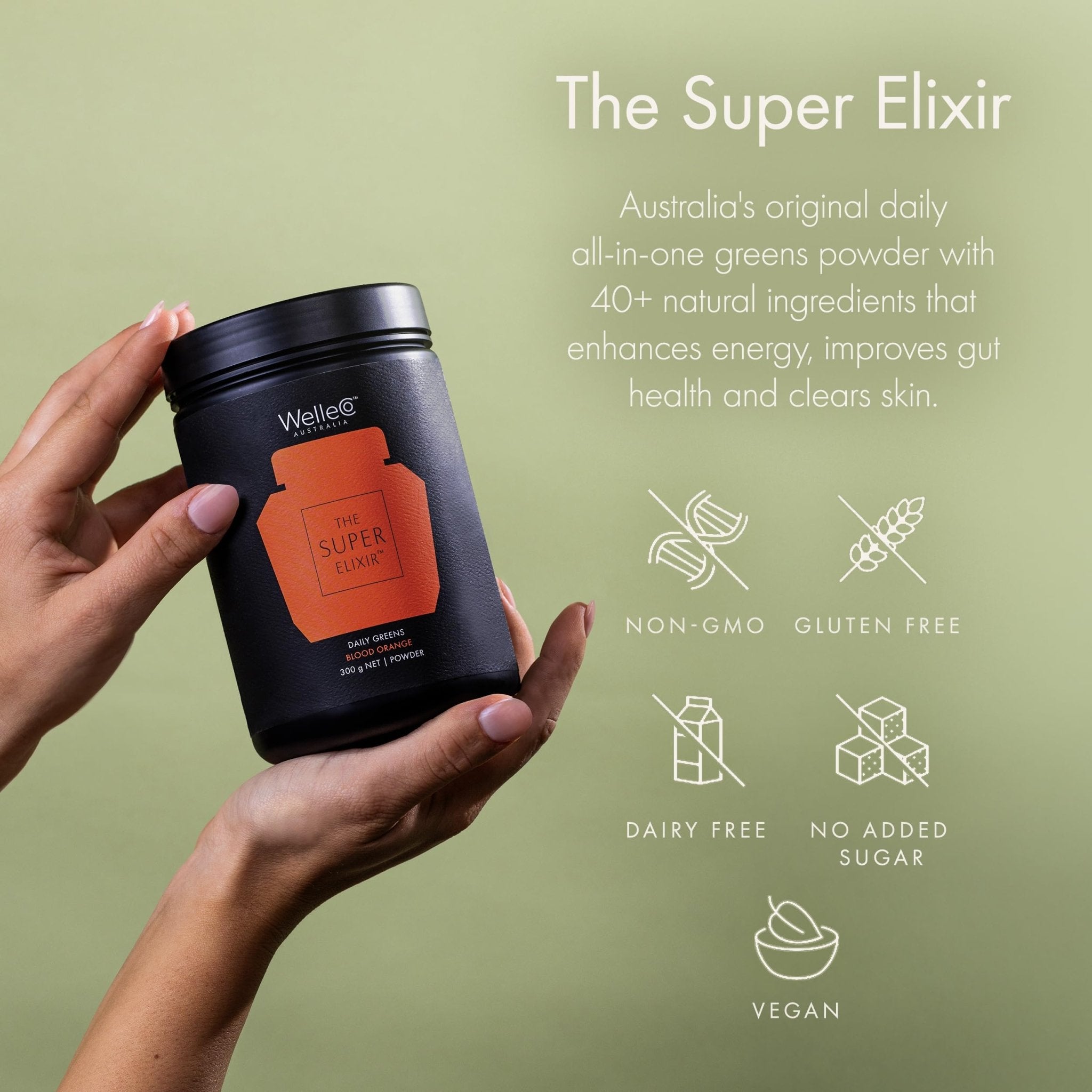 WelleCo The Super Elixir Daily Greens Powder, Probiotic Drink Mix with Whole Foods, Gluten Free, Vegan Gut Health Powder, Energy, Immunity, Healthy Skin, Hair & Nails (Jar, Blood Orange) - TrustMedUSA
