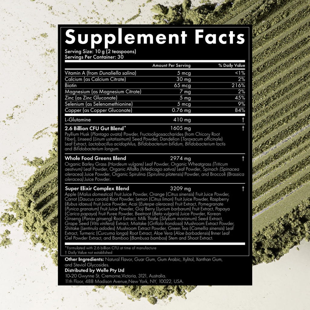WelleCo The Super Elixir Daily Greens Powder, Probiotic Drink Mix with Whole Foods, Gluten Free, Vegan Gut Health Powder, Energy, Immunity, Healthy Skin, Hair & Nails (Jar, Blood Orange) - TrustMedUSA
