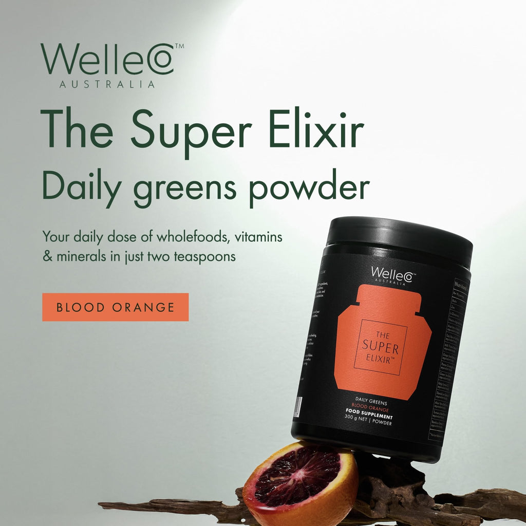 WelleCo The Super Elixir Daily Greens Powder, Probiotic Drink Mix with Whole Foods, Gluten Free, Vegan Gut Health Powder, Energy, Immunity, Healthy Skin, Hair & Nails (Jar, Blood Orange) - TrustMedUSA