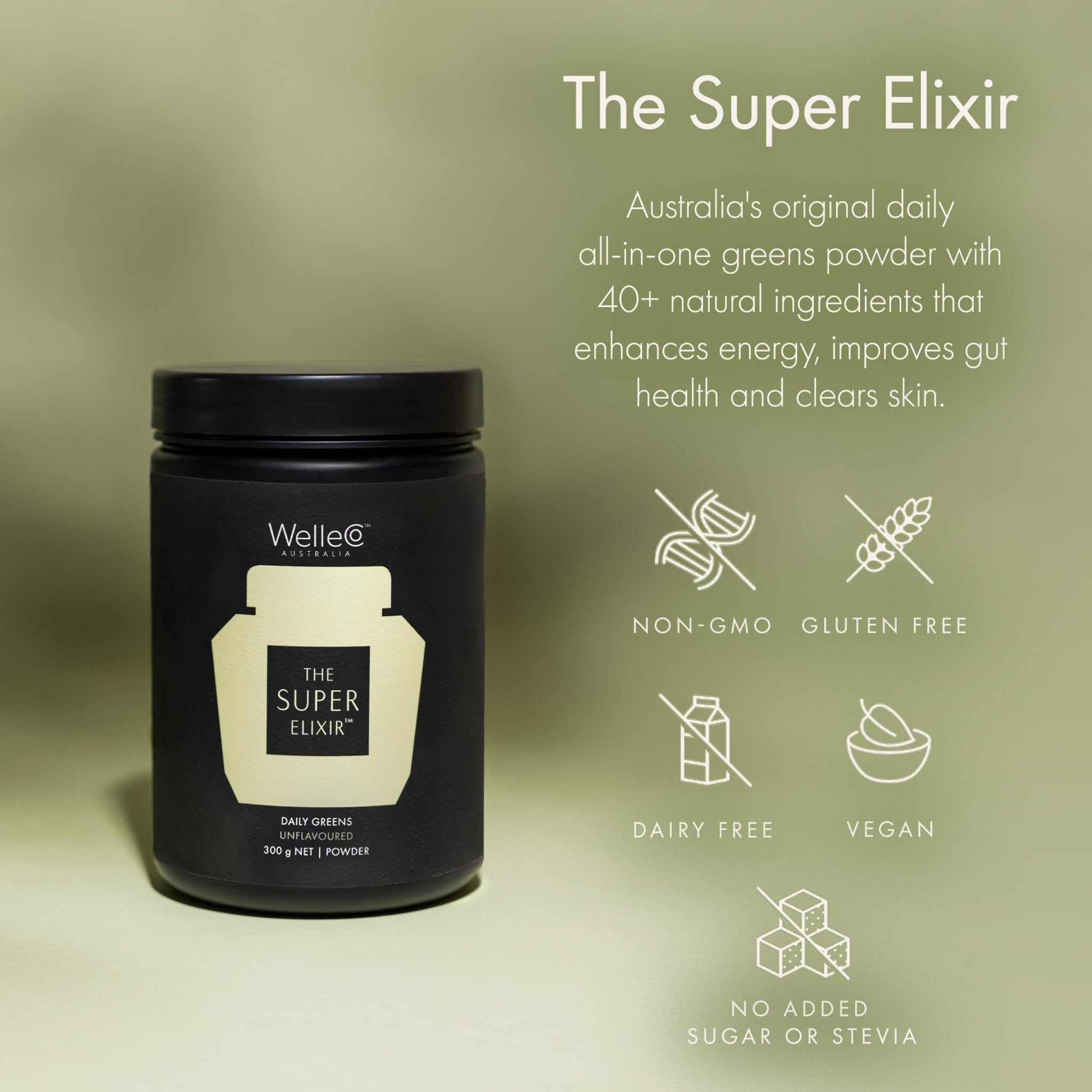 WelleCo The Super Elixir, Daily Greens Powder with Probiotics, Superfoods & Whole Foods, Unflavored Drink Mix for Gut Health, Immunity, Energy, Skin & Hair, 10.5oz Jar - TrustMedUSA
