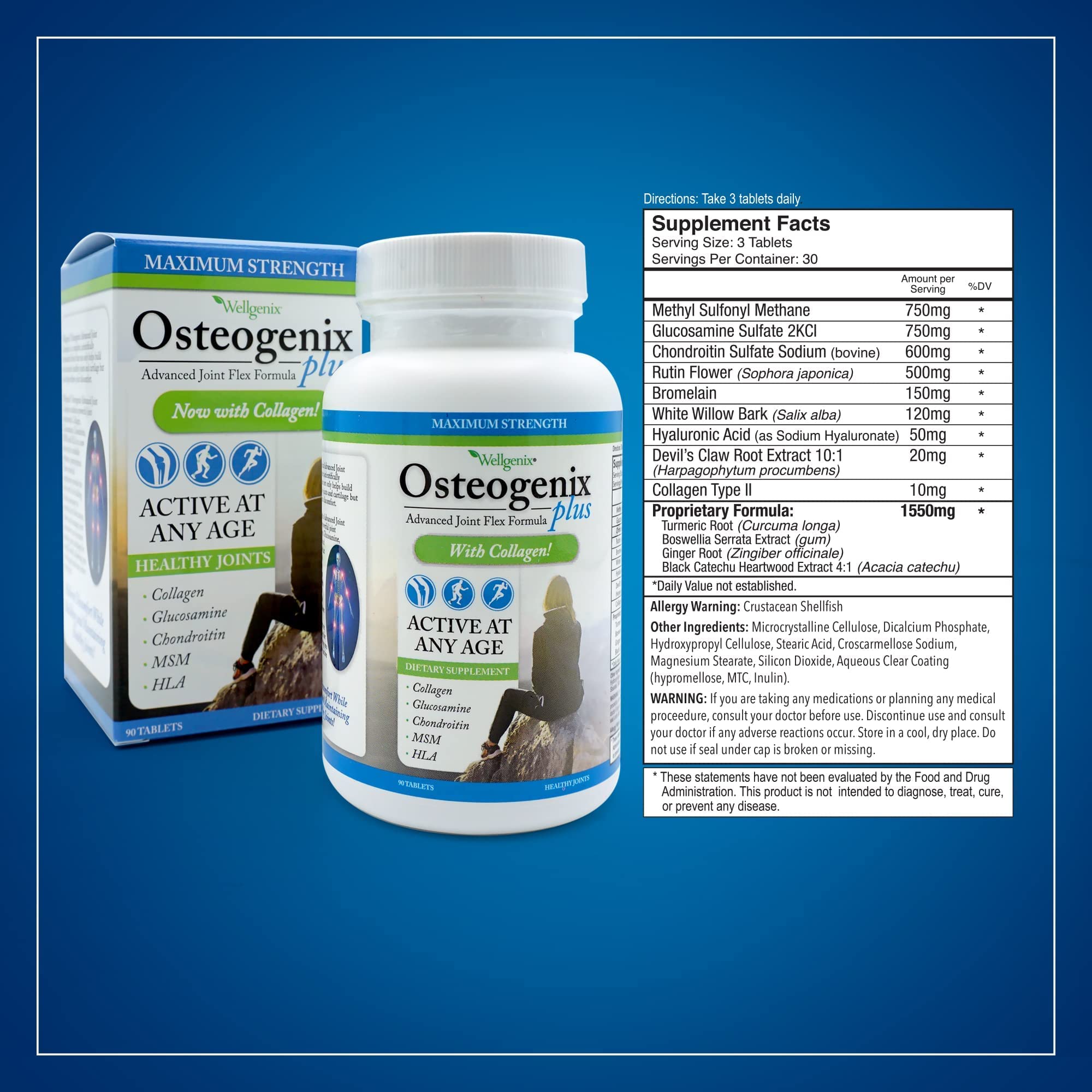 Wellgenix Osteogenix Advanced Joint Flex Formula (90 Ct) - Knee Supplement with Collagen II, Glucosamine, Chondroitin, MSM & HLA - Lubrication & Discomfort Support Tablets for Men & Women - TrustMedUSA