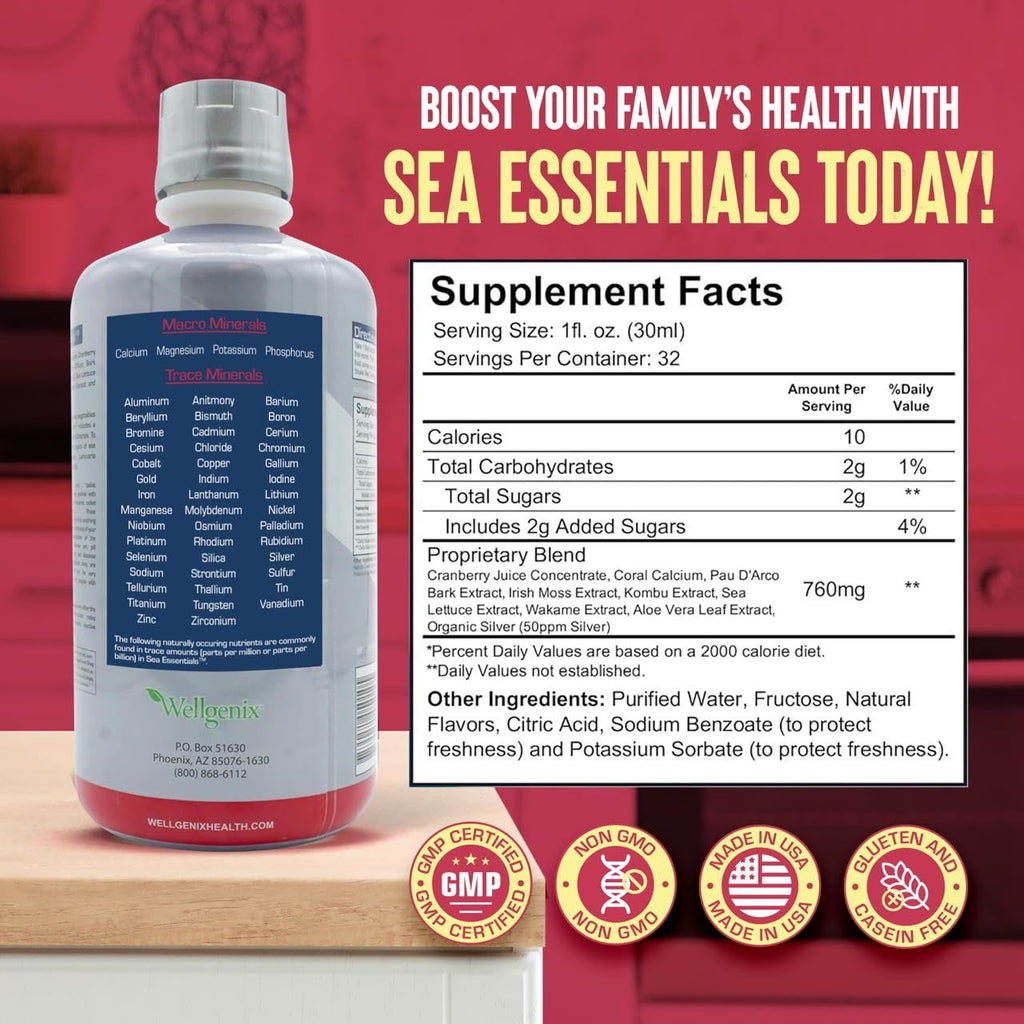 Wellgenix Sea Essentials Liquid Mineral Dietary Supplement with Trace and Macro Minerals and Coral Calcium – Sea Berry Flavor – 32 fl oz - TrustMedUSA