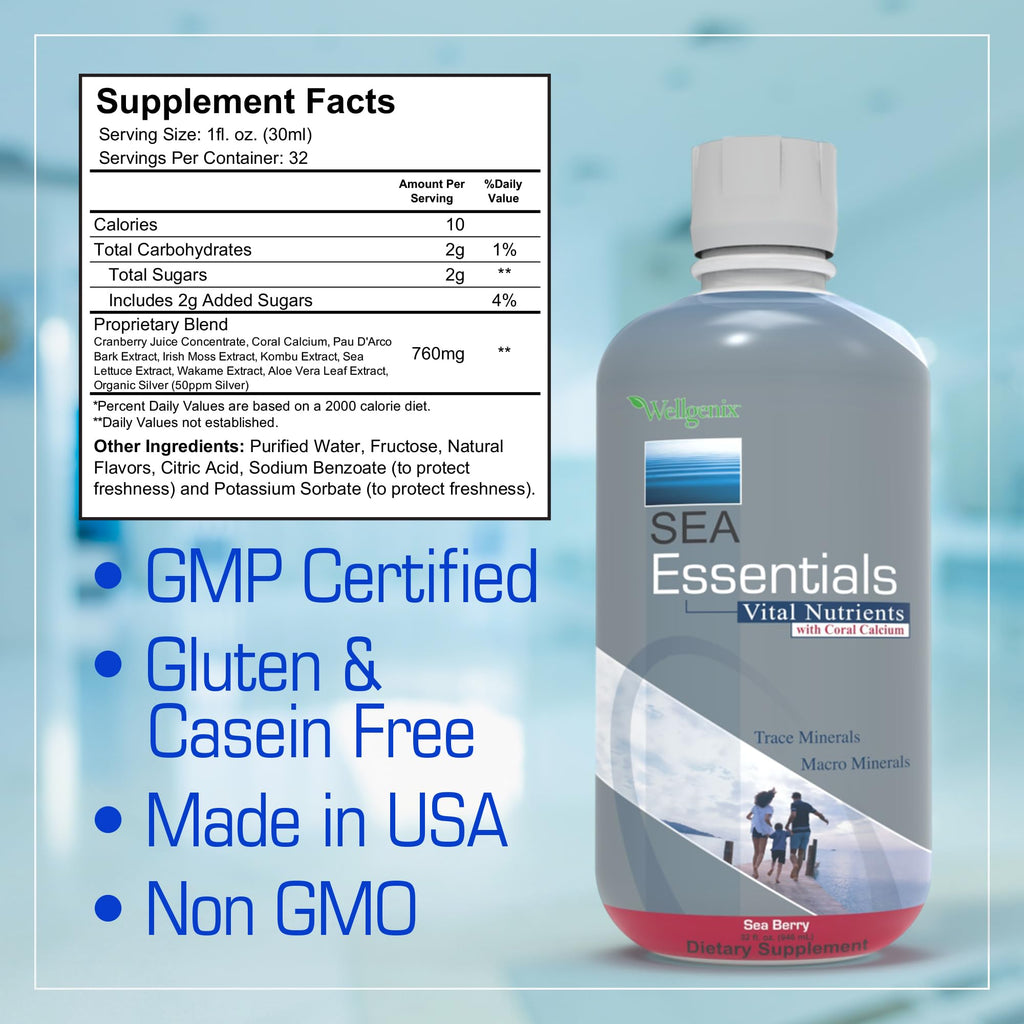 Wellgenix Sea Essentials Liquid Mineral Dietary Supplement with Trace and Macro Minerals and Coral Calcium – Sea Berry Flavor – 32 fl oz - TrustMedUSA