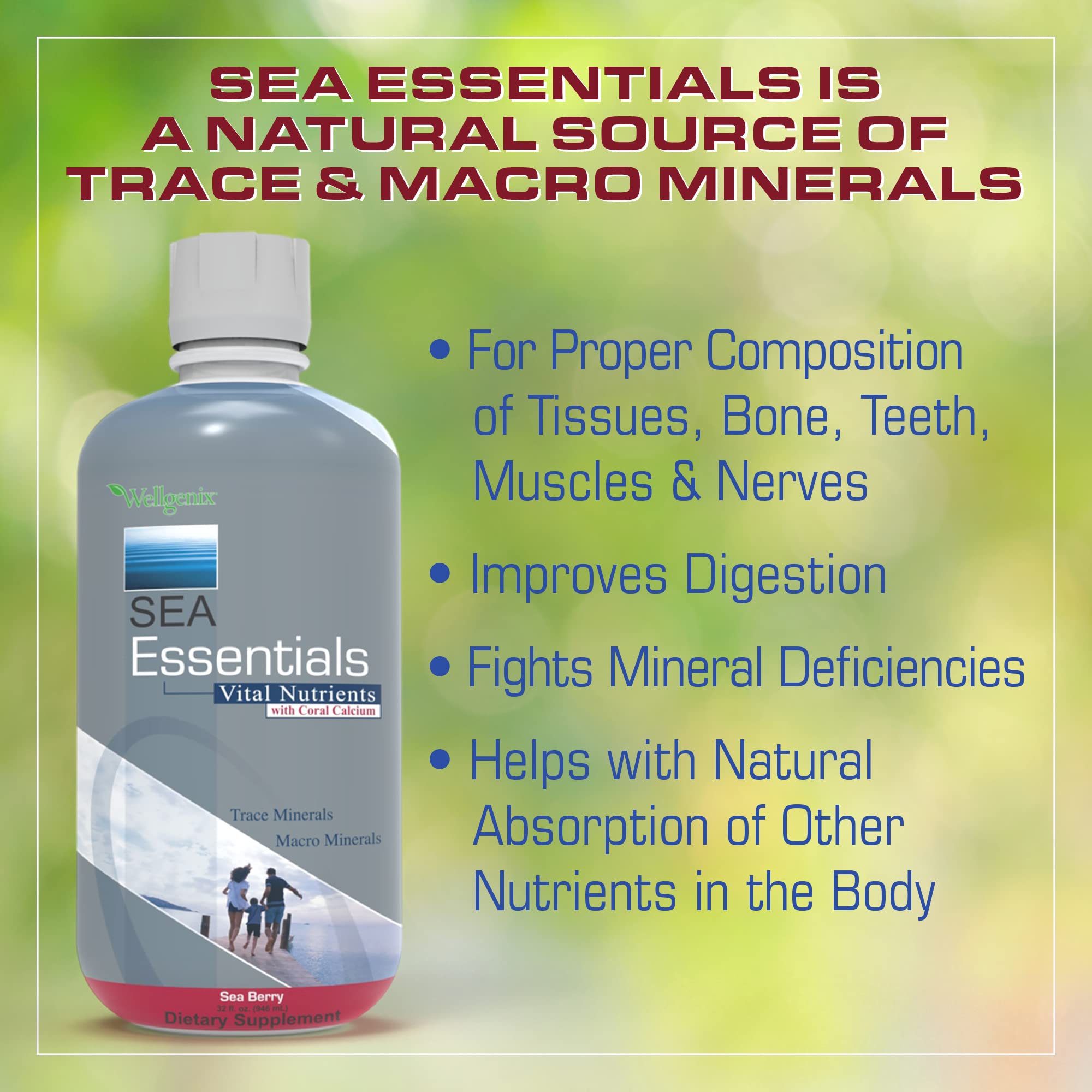 Wellgenix Sea Essentials Liquid Mineral Dietary Supplement with Trace and Macro Minerals and Coral Calcium – Sea Berry Flavor – 32 fl oz - TrustMedUSA