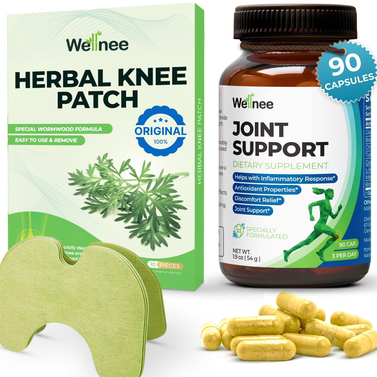 Wellnee Knee & Joint Wellness Bundle – Herbal Patches (10 pcs) & Support Capsules (90 servings) - TrustMedUSA
