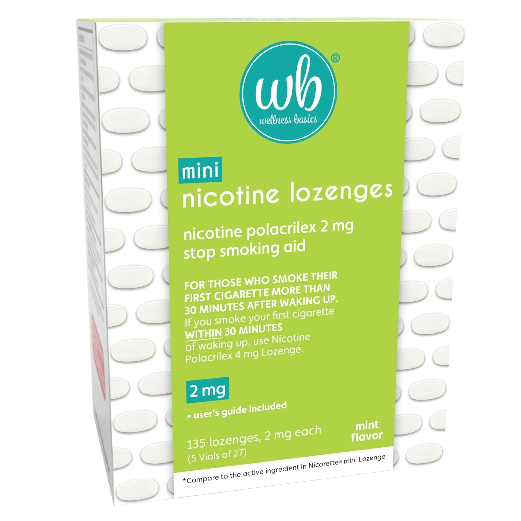 Wellness Basics Mini Nicotine Lozenge 2mg | Stop Smoking Aid | Mint Flavor | 135 Count | Pack of 5 Vials | Reduces Cravings & Withdrawal Symptoms - TrustMedUSA