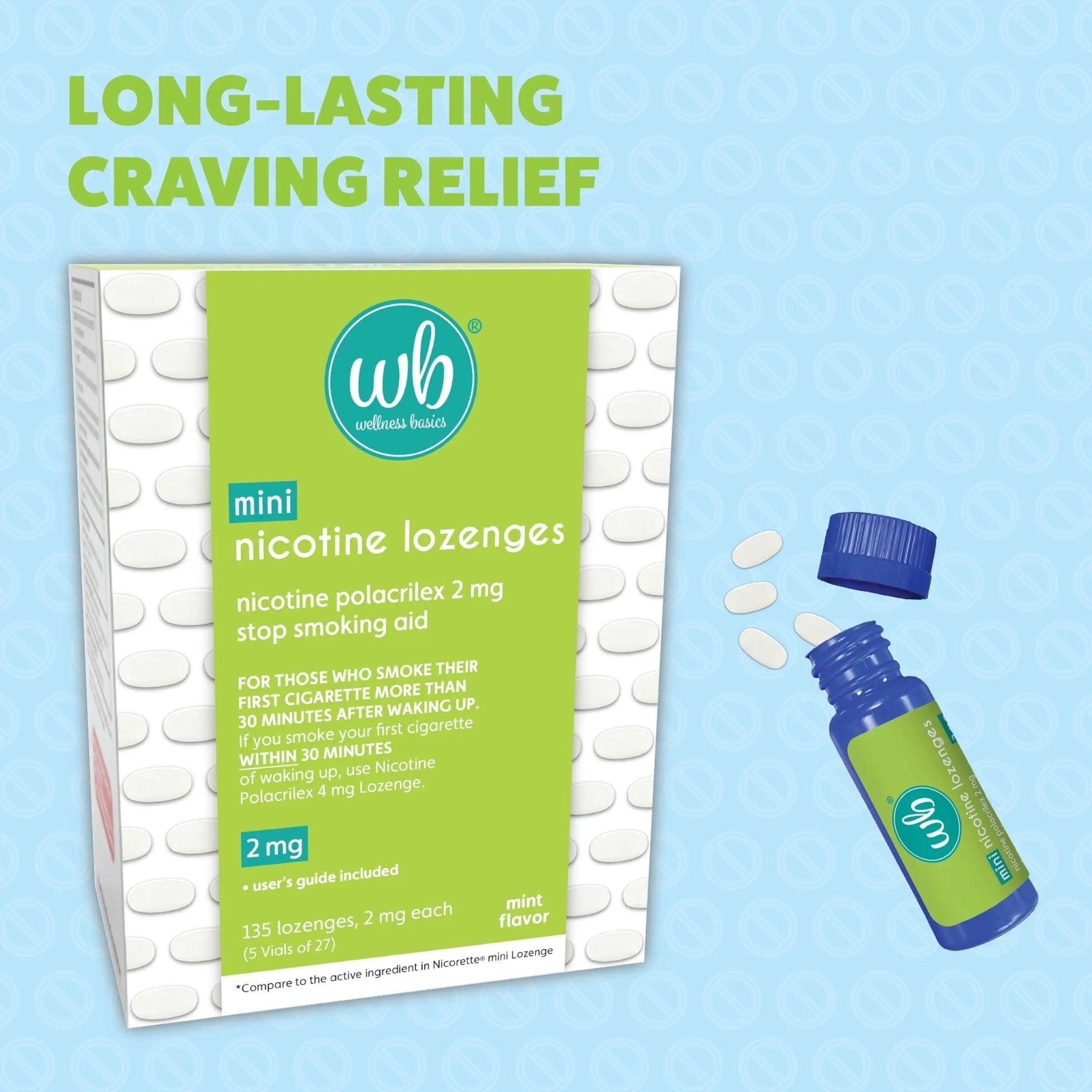 Wellness Basics Mini Nicotine Lozenge 2mg | Stop Smoking Aid | Mint Flavor | 135 Count | Pack of 5 Vials | Reduces Cravings & Withdrawal Symptoms - TrustMedUSA