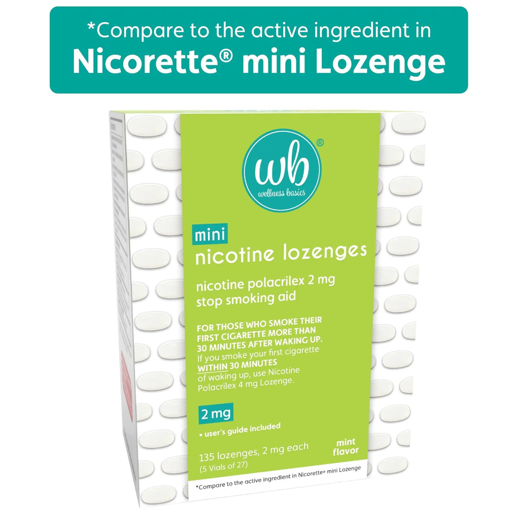 Wellness Basics Mini Nicotine Lozenge 2mg | Stop Smoking Aid | Mint Flavor | 135 Count | Pack of 5 Vials | Reduces Cravings & Withdrawal Symptoms - TrustMedUSA