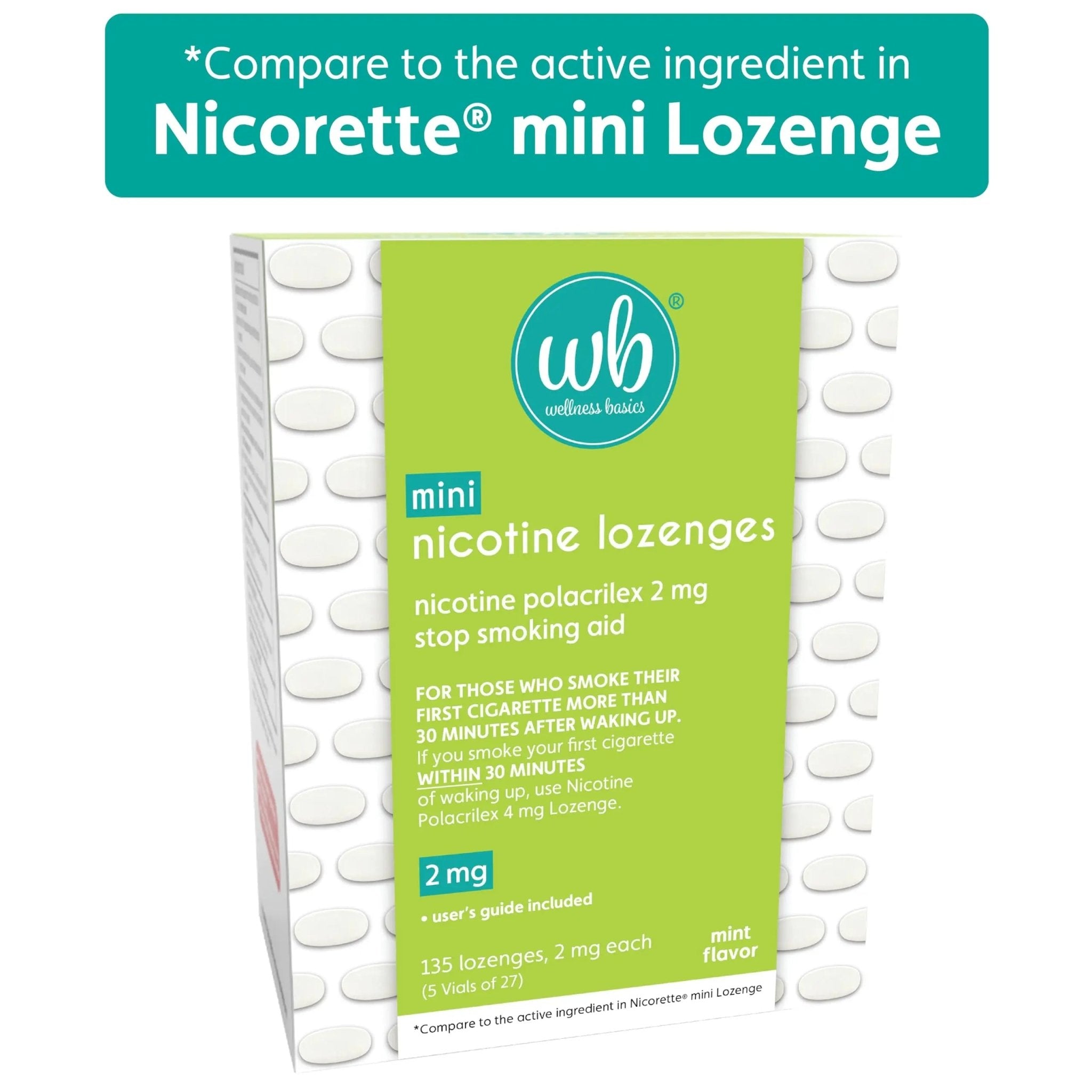 Wellness Basics Mini Nicotine Lozenge 2mg | Stop Smoking Aid | Mint Flavor | 135 Count | Pack of 5 Vials | Reduces Cravings & Withdrawal Symptoms - TrustMedUSA