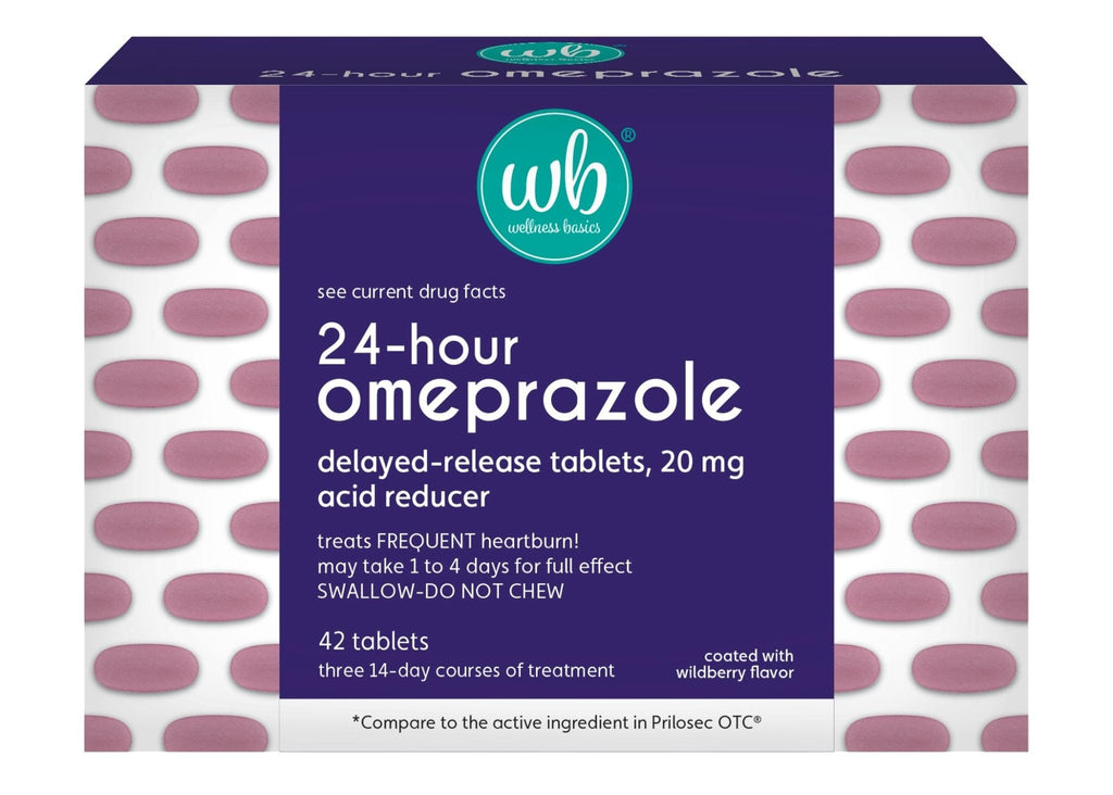 Wellness Basics Omeprazole 20mg Delayed Release | Acid Reducer | 42 Count | Tablet | Treats Frequent Heartburn (Wildberry) - Maple Wellness Supplements