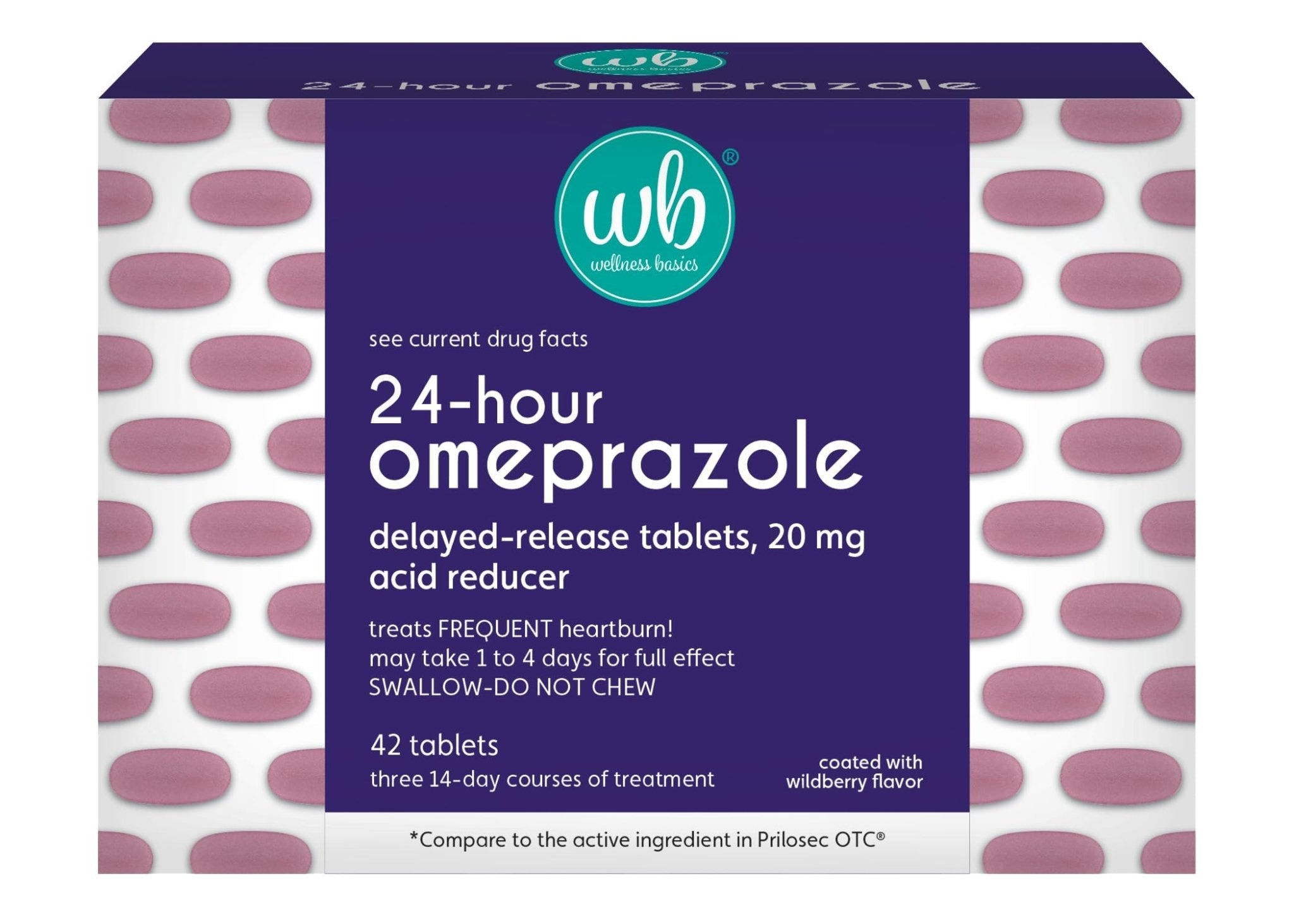 Wellness Basics Omeprazole 20mg Delayed Release | Acid Reducer | 42 Count | Tablet | Treats Frequent Heartburn (Wildberry) - Maple Wellness Supplements