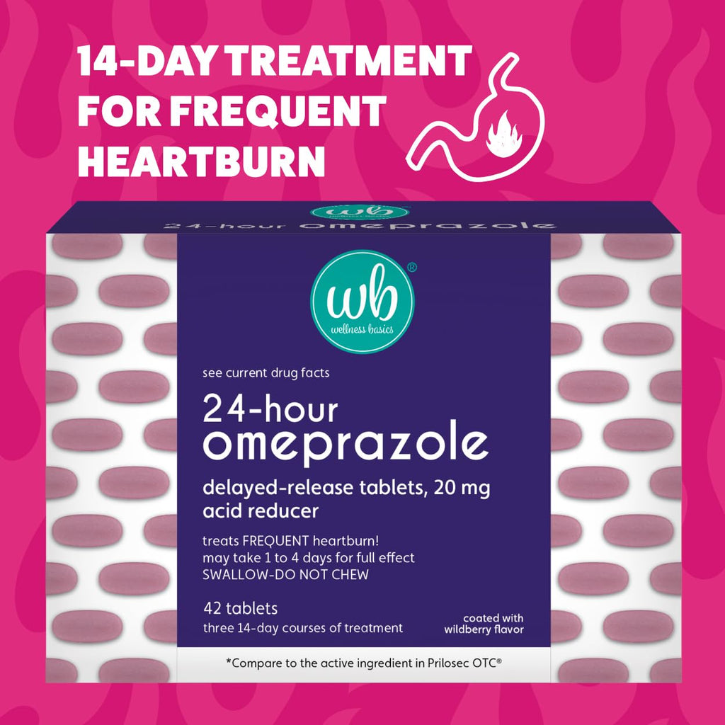 Wellness Basics Omeprazole 20mg Delayed Release | Acid Reducer | 42 Count | Tablet | Treats Frequent Heartburn (Wildberry) - Maple Wellness Supplements
