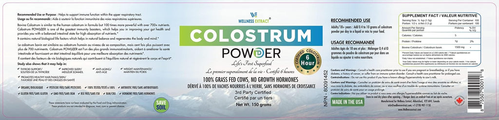 WELLNESS EXTRACT Bovine Colostrum Powder Rich in Protein & Lactoferrin- The True Certified Supplement for Immune Support, Gut Health, Muscle Growth - 150g - TrustMedUSA