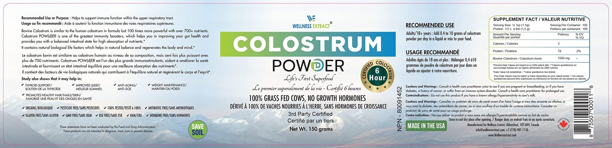 WELLNESS EXTRACT Bovine Colostrum Powder Rich in Protein & Lactoferrin- The True Certified Supplement for Immune Support, Gut Health, Muscle Growth - 150g - TrustMedUSA