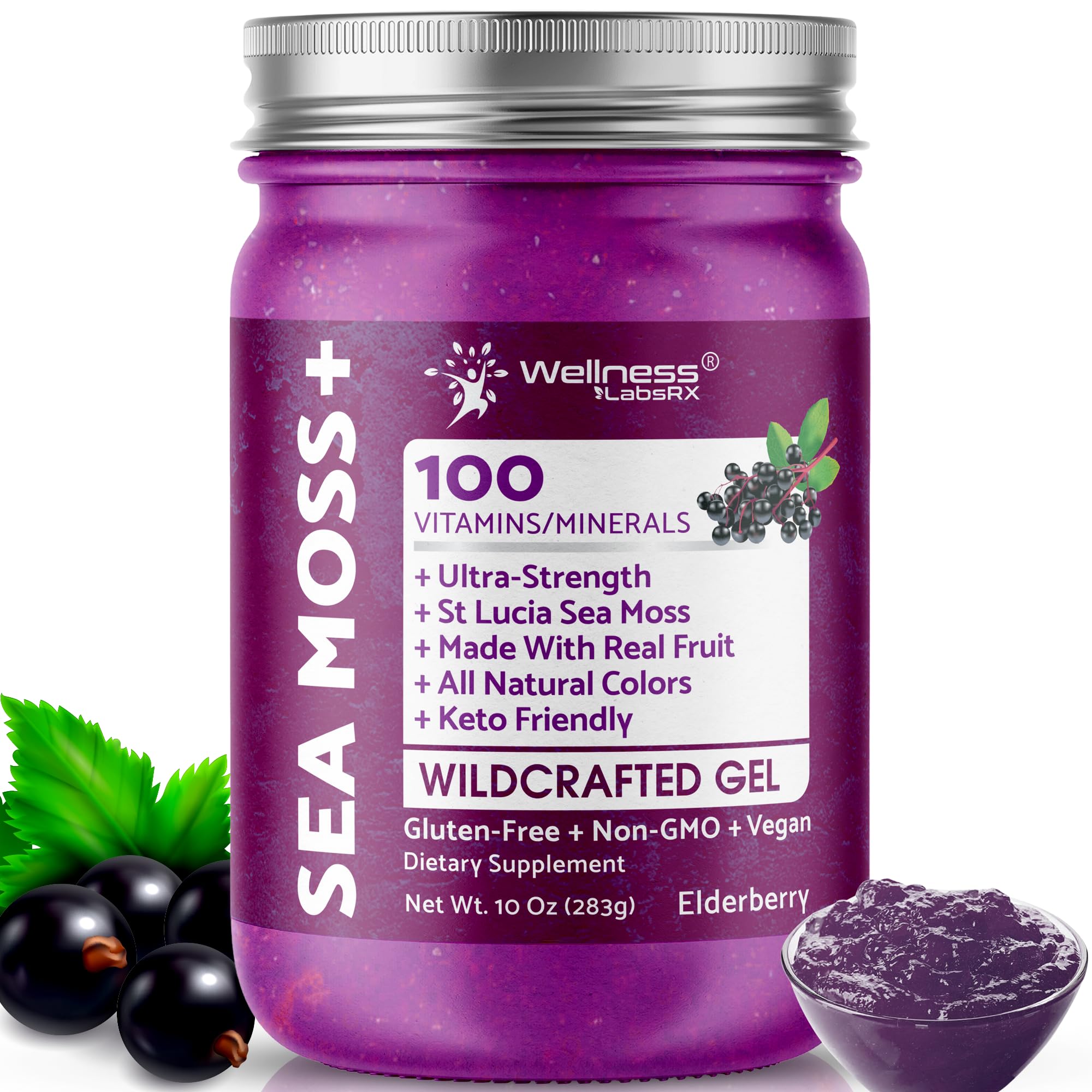 WELLNESS LABSRX Irish Sea Moss Gel Raw - Wildcrafted Superfood Seamoss Gel - Elderberry Flavor, Vitamin and Mineral-Rich from Pristine Caribbean Waters, Immune and Digestive Health Support - 10 oz. - TrustMedUSA