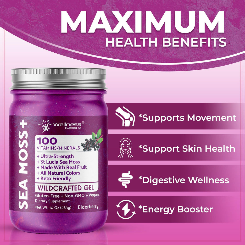WELLNESS LABSRX Irish Sea Moss Gel Raw - Wildcrafted Superfood Seamoss Gel - Elderberry Flavor, Vitamin and Mineral-Rich from Pristine Caribbean Waters, Immune and Digestive Health Support - 10 oz. - TrustMedUSA