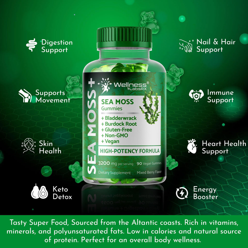 WELLNESS LABSRX Sea Moss Gummies, 3200mg Irish Sea Moss Mixed Berry Flavor with Maximum Potency Bladderwrack and Burdock Root - Supports Skin, Energy and Immunity - 180 Count - TrustMedUSA
