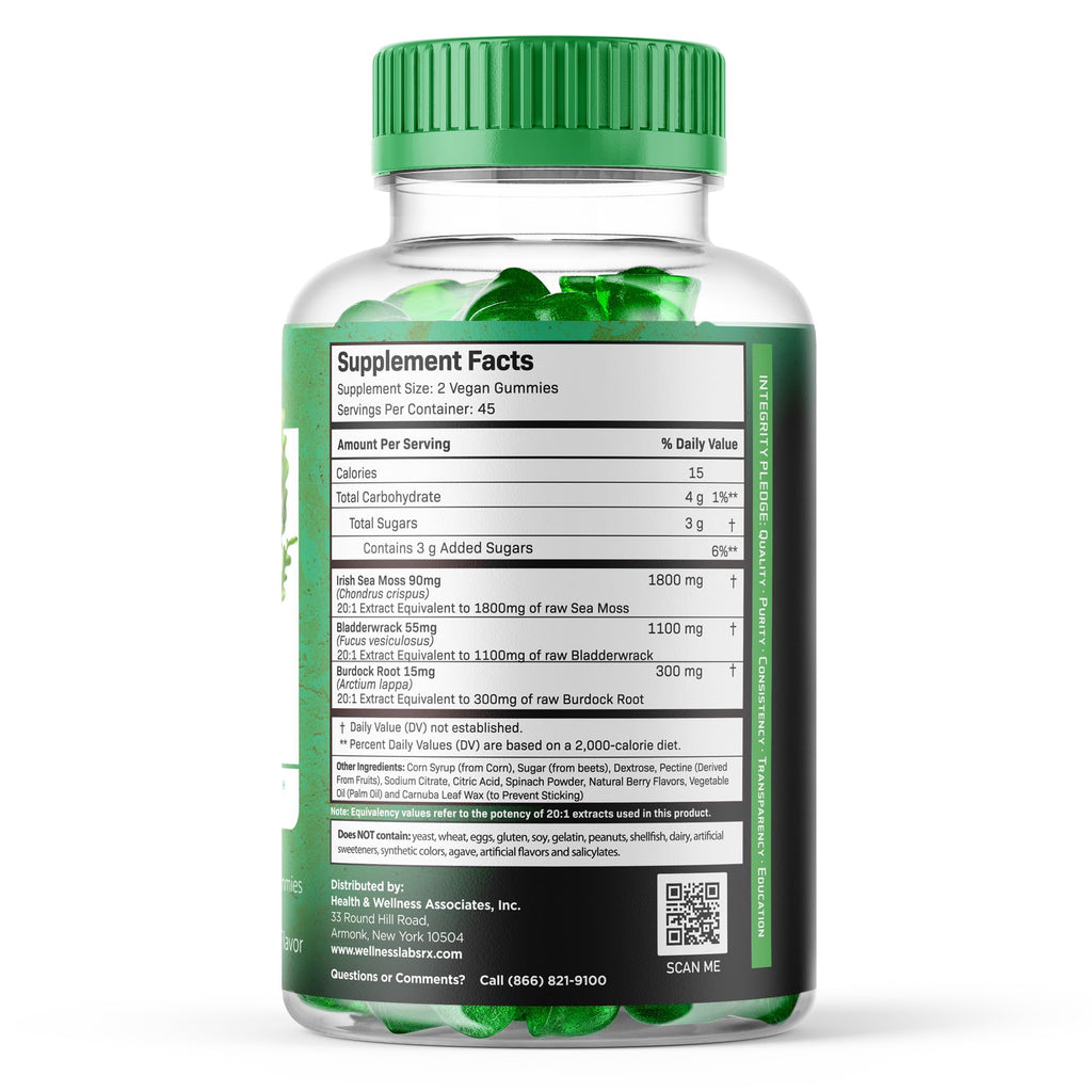 WELLNESS LABSRX Sea Moss Gummies, 3200mg Irish Sea Moss Mixed Berry Flavor with Maximum Potency Bladderwrack and Burdock Root - Supports Skin, Energy and Immunity - 180 Count - TrustMedUSA
