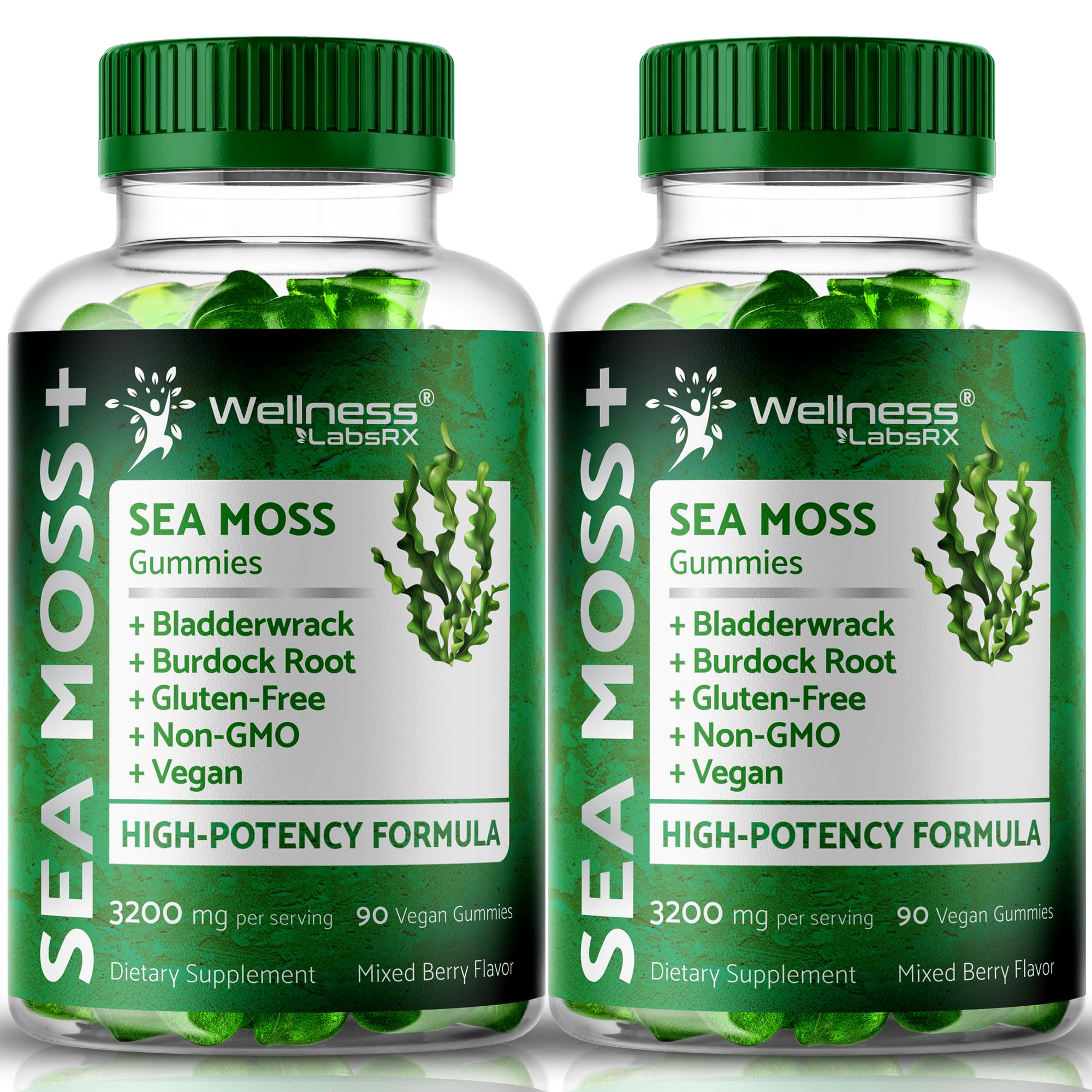 WELLNESS LABSRX Sea Moss Gummies, 3200mg Irish Sea Moss Mixed Berry Flavor with Maximum Potency Bladderwrack and Burdock Root - Supports Skin, Energy and Immunity - 180 Count - TrustMedUSA