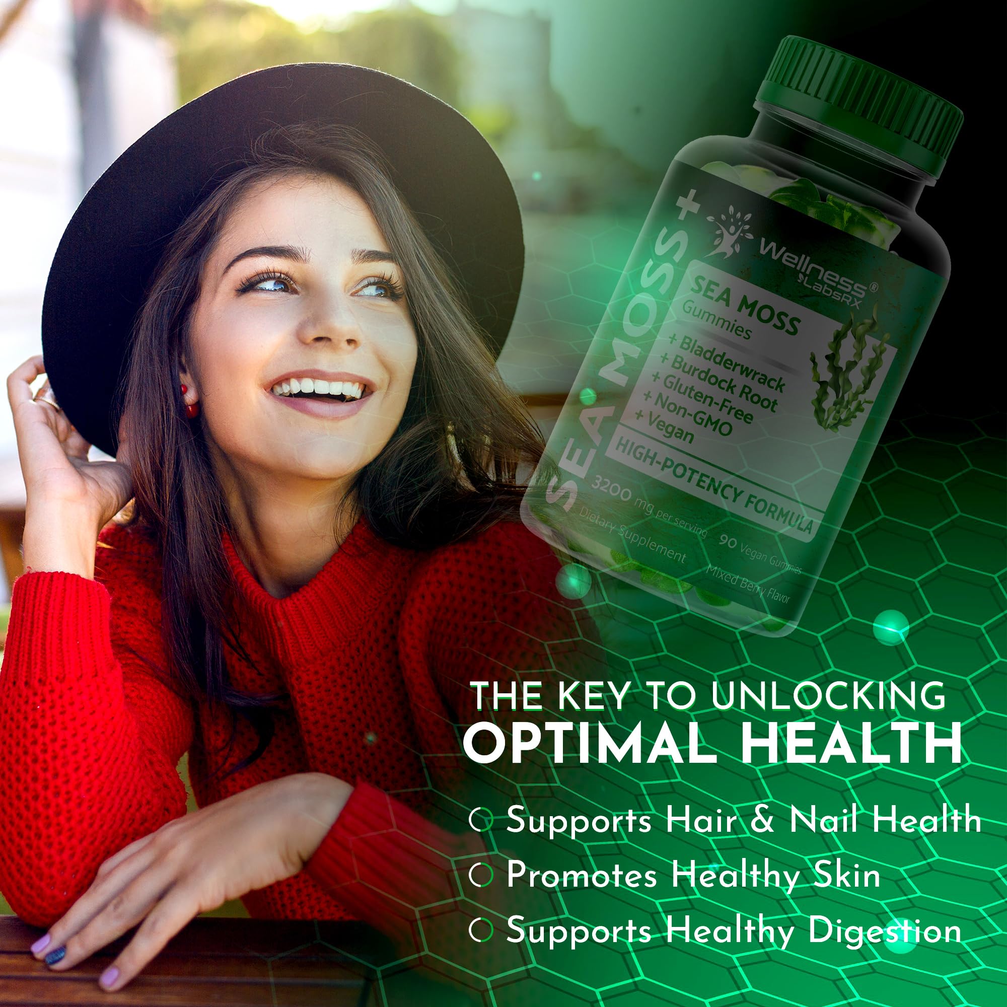 WELLNESS LABSRX Sea Moss Gummies, 3200mg Irish Sea Moss Mixed Berry Flavor with Maximum Potency Bladderwrack and Burdock Root - Supports Skin, Energy and Immunity - 90 Count - TrustMedUSA
