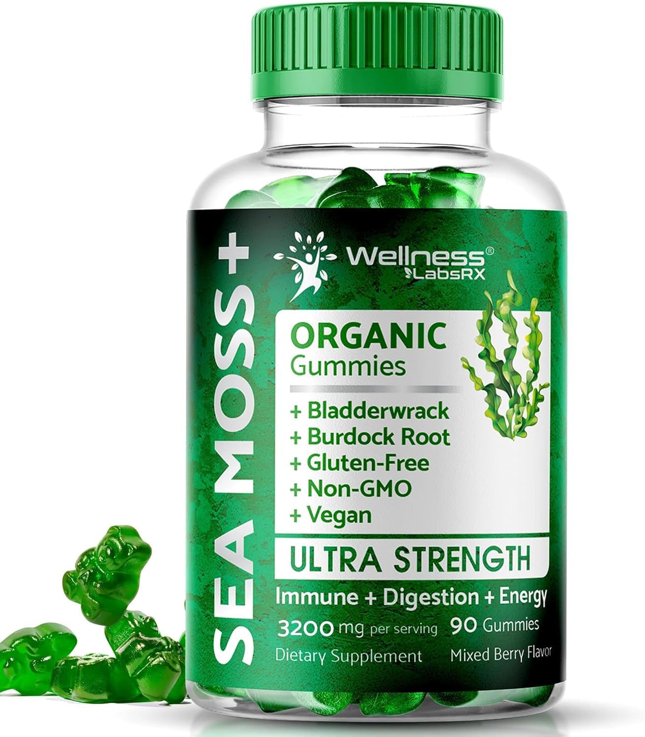 WELLNESS LABSRX Sea Moss Gummies, 3200mg Irish Sea Moss Mixed Berry Flavor with Maximum Potency Bladderwrack and Burdock Root - Supports Skin, Energy and Immunity - 90 Count - TrustMedUSA