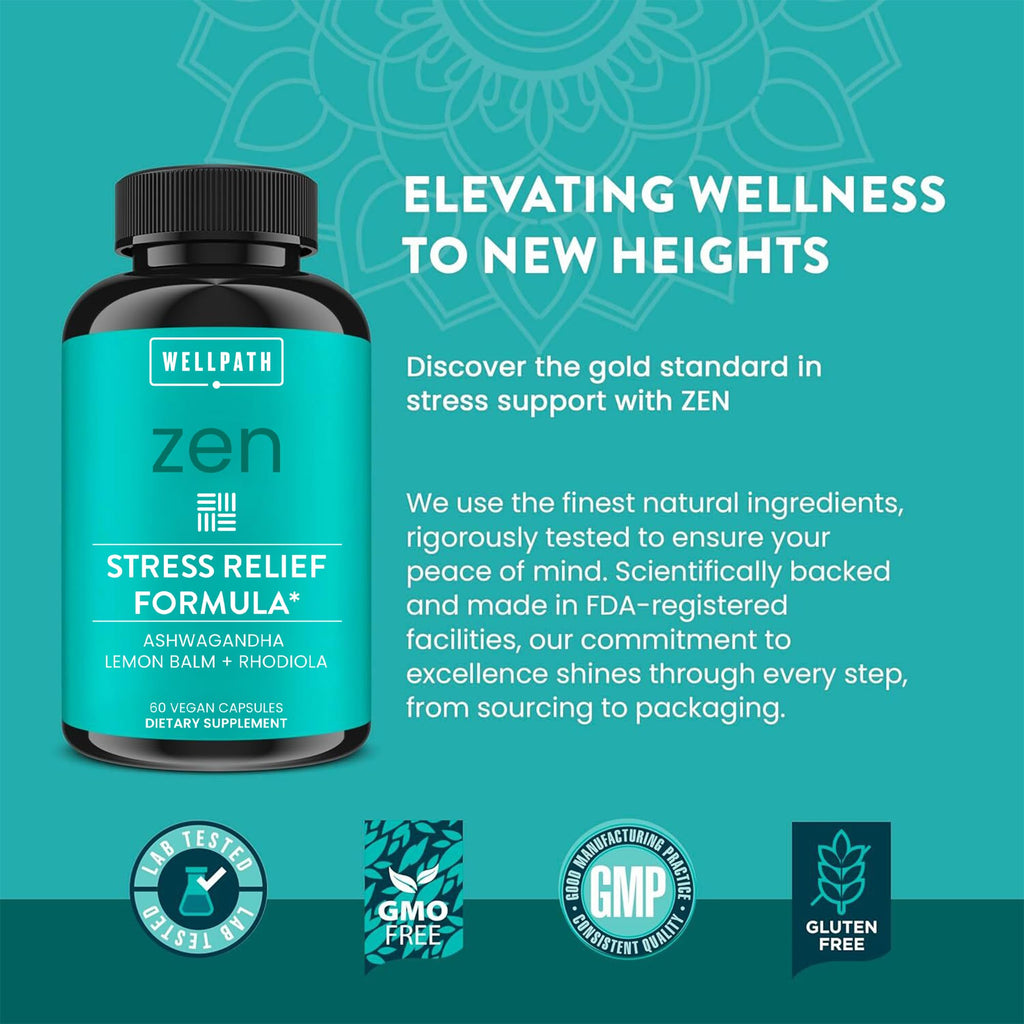 WellPath Zen Stress Relief Supplement + Mood Support | Calm, Stress & Energy Support | Ashwagandha Root, Rhodiola Rosea, L-Theanine, Lemon Balm | Herbal Capsules, 60 Ct - TrustMedUSA