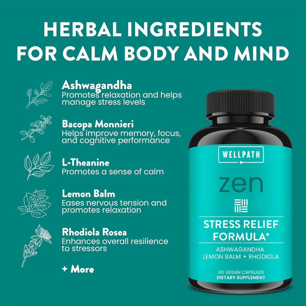 WellPath Zen Stress Relief Supplement + Mood Support | Calm, Stress & Energy Support | Ashwagandha Root, Rhodiola Rosea, L-Theanine, Lemon Balm | Herbal Capsules, 60 Ct - TrustMedUSA