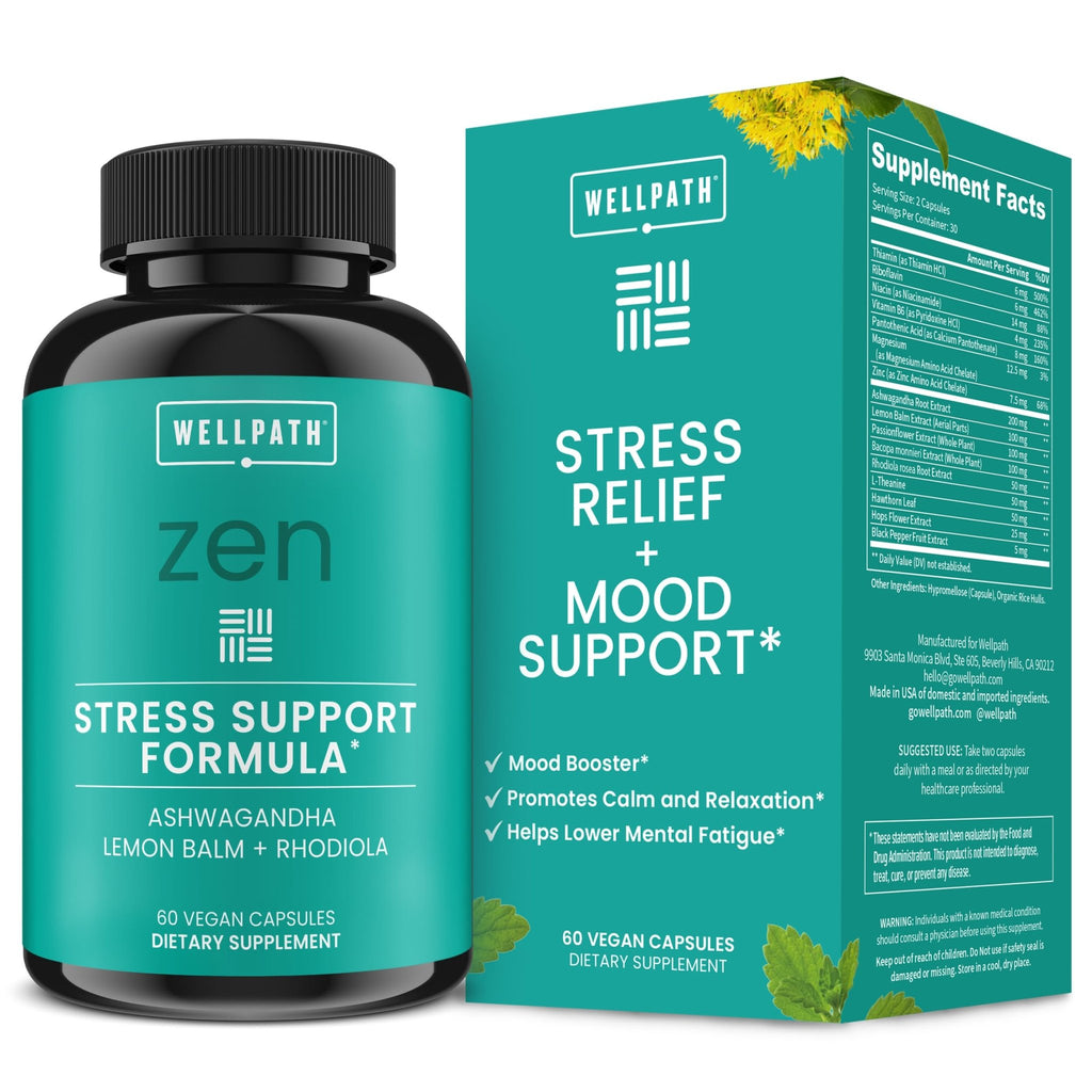 WellPath Zen Stress Relief Supplement + Mood Support | Calm, Stress & Energy Support | Ashwagandha Root, Rhodiola Rosea, L-Theanine, Lemon Balm | Herbal Capsules, 60 Ct - TrustMedUSA