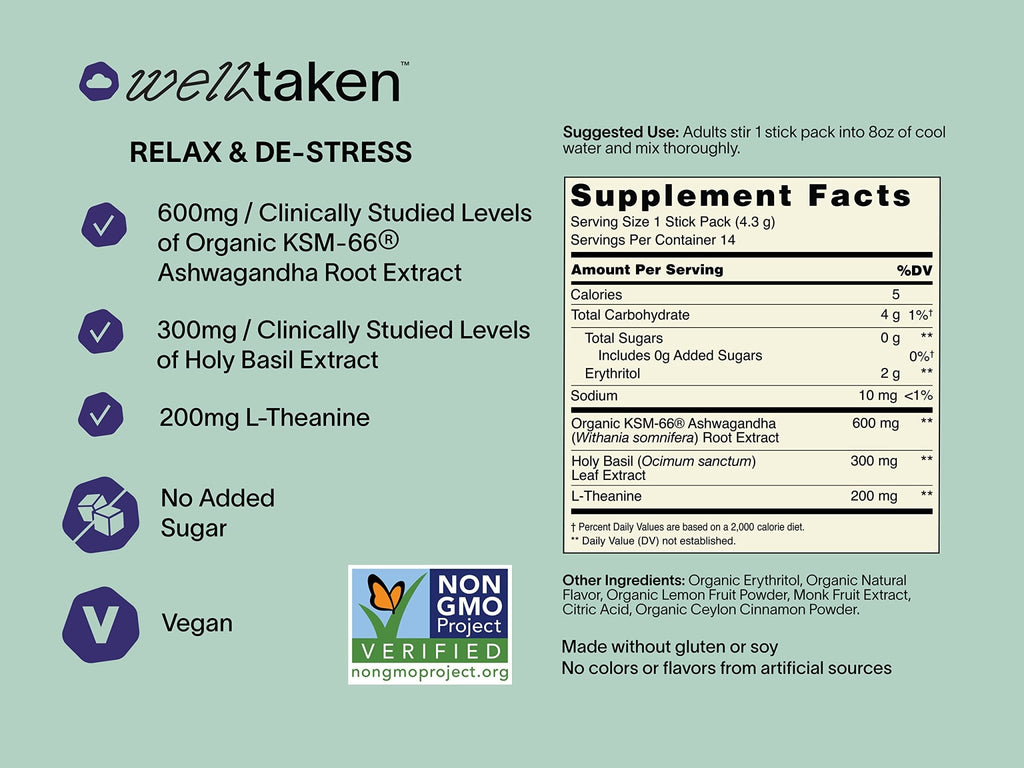WellTaken Ashwagandha Relax & De-Stress Powder - Lemon Lavender 14ct Box - 600mg Ashwagandha, 200mg L-Theanine, Holy Basil – Supports Stress, Relaxation – Vegan, No Added Sugar - 14 Servings - TrustMedUSA
