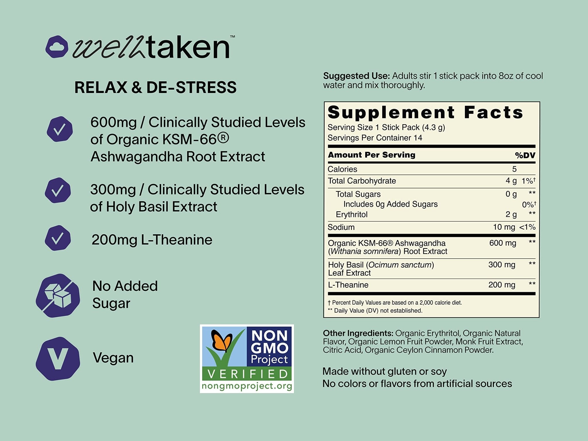 WellTaken Ashwagandha Relax & De-Stress Powder - Lemon Lavender 14ct Box - 600mg Ashwagandha, 200mg L-Theanine, Holy Basil – Supports Stress, Relaxation – Vegan, No Added Sugar - 14 Servings - TrustMedUSA