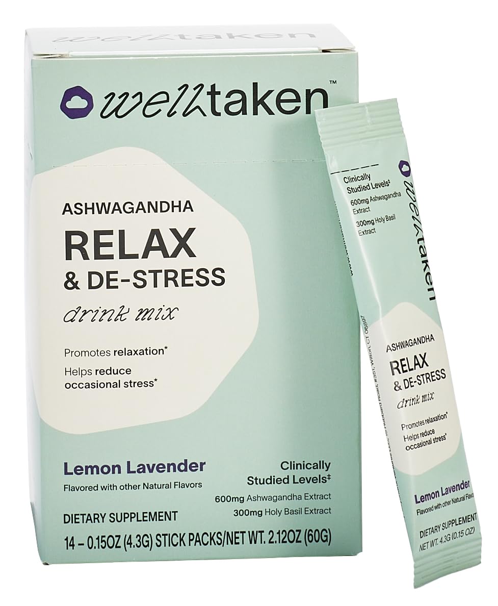 WellTaken Ashwagandha Relax & De-Stress Powder - Lemon Lavender 14ct Box - 600mg Ashwagandha, 200mg L-Theanine, Holy Basil – Supports Stress, Relaxation – Vegan, No Added Sugar - 14 Servings - TrustMedUSA