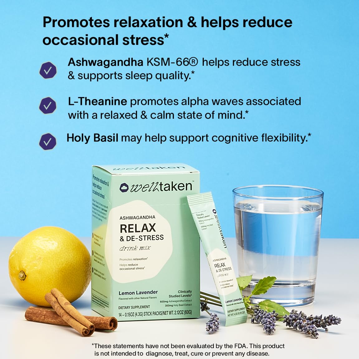 WellTaken Ashwagandha Relax & De-Stress Powder - Lemon Lavender 14ct Box - 600mg Ashwagandha, 200mg L-Theanine, Holy Basil – Supports Stress, Relaxation – Vegan, No Added Sugar - 14 Servings - TrustMedUSA